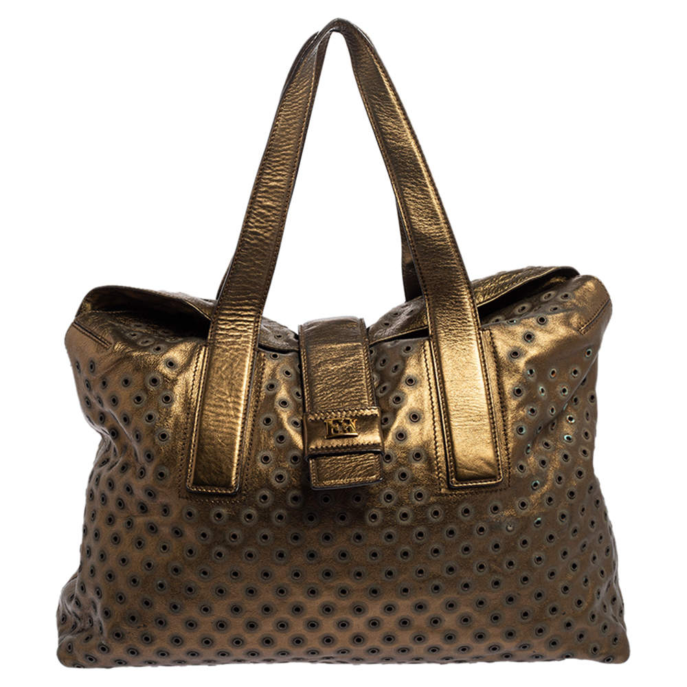 Escada Metallic Bronze Leather Rivet Detail Tote