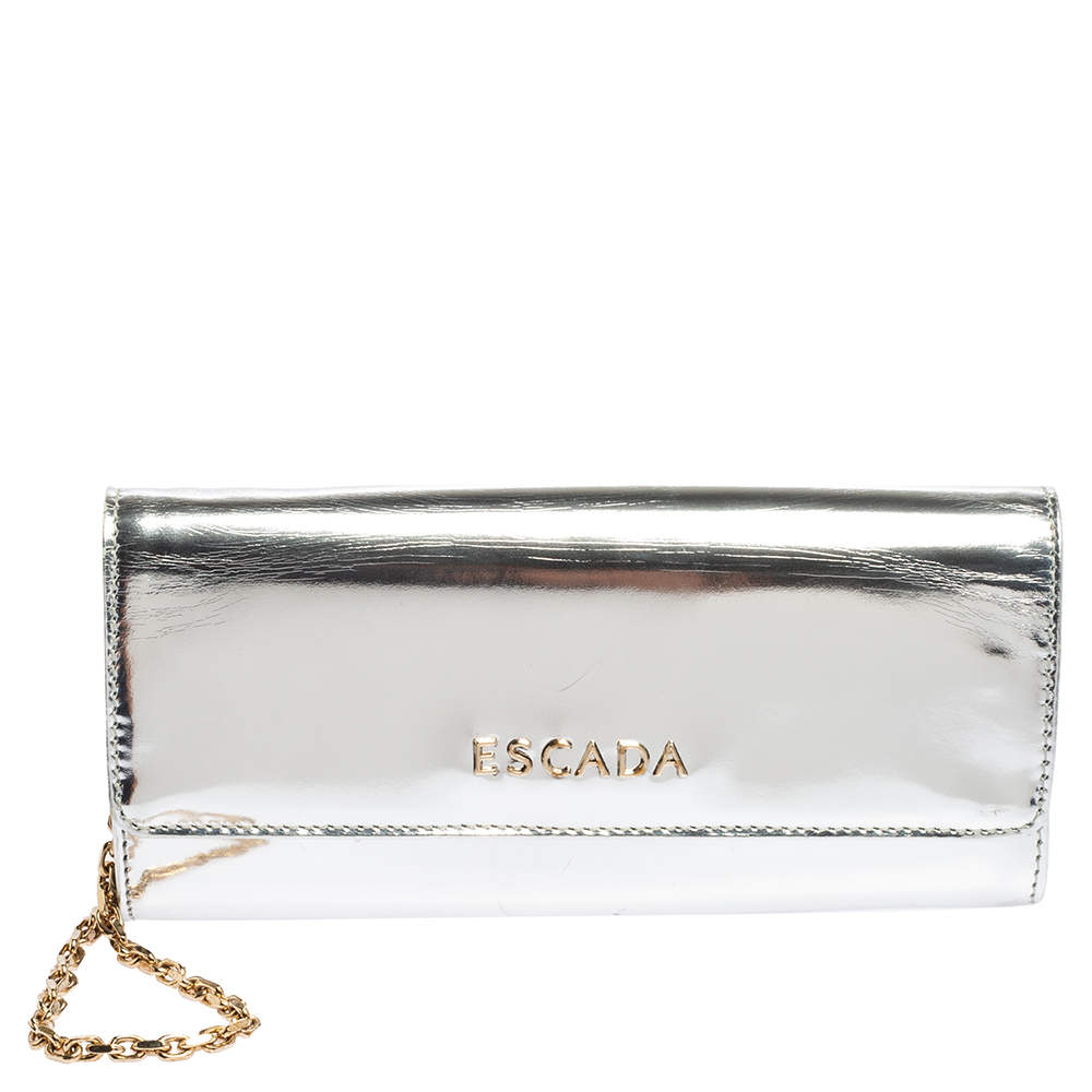 Pre Owned Escada Silver Glossy Leather Chain Wristlet Clutch