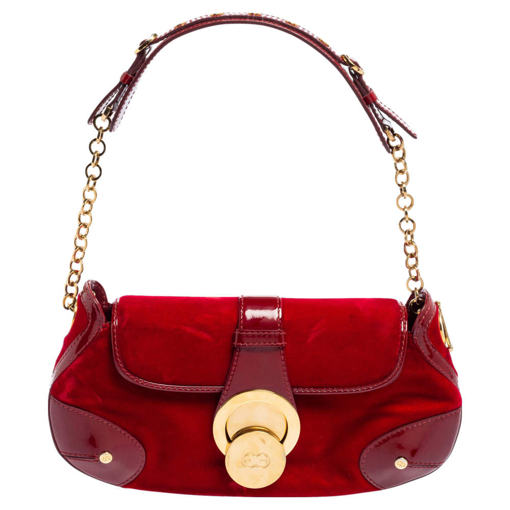 Pre Owned Escada Burgundy Velvet and Patent Leather Shoulder Bag