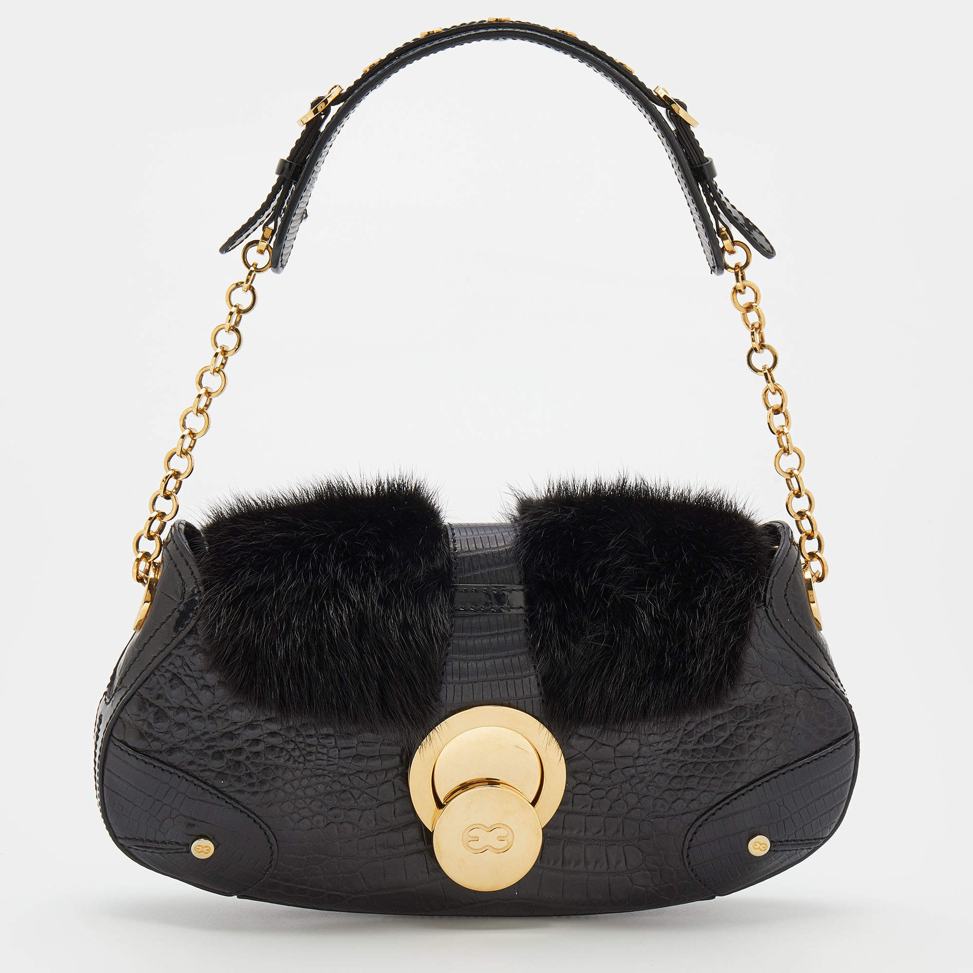 Pre Owned Escada Black Croc Embossed Leather and Mink Fur Ring Flap Shoulder Bag