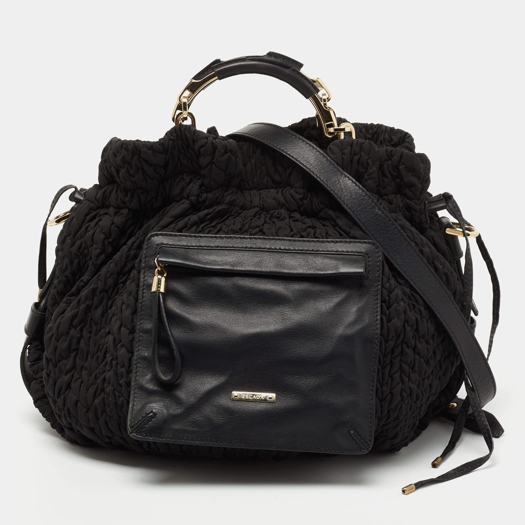 Pre Owned Escada Black Fabric and Leather Tassel Tote
