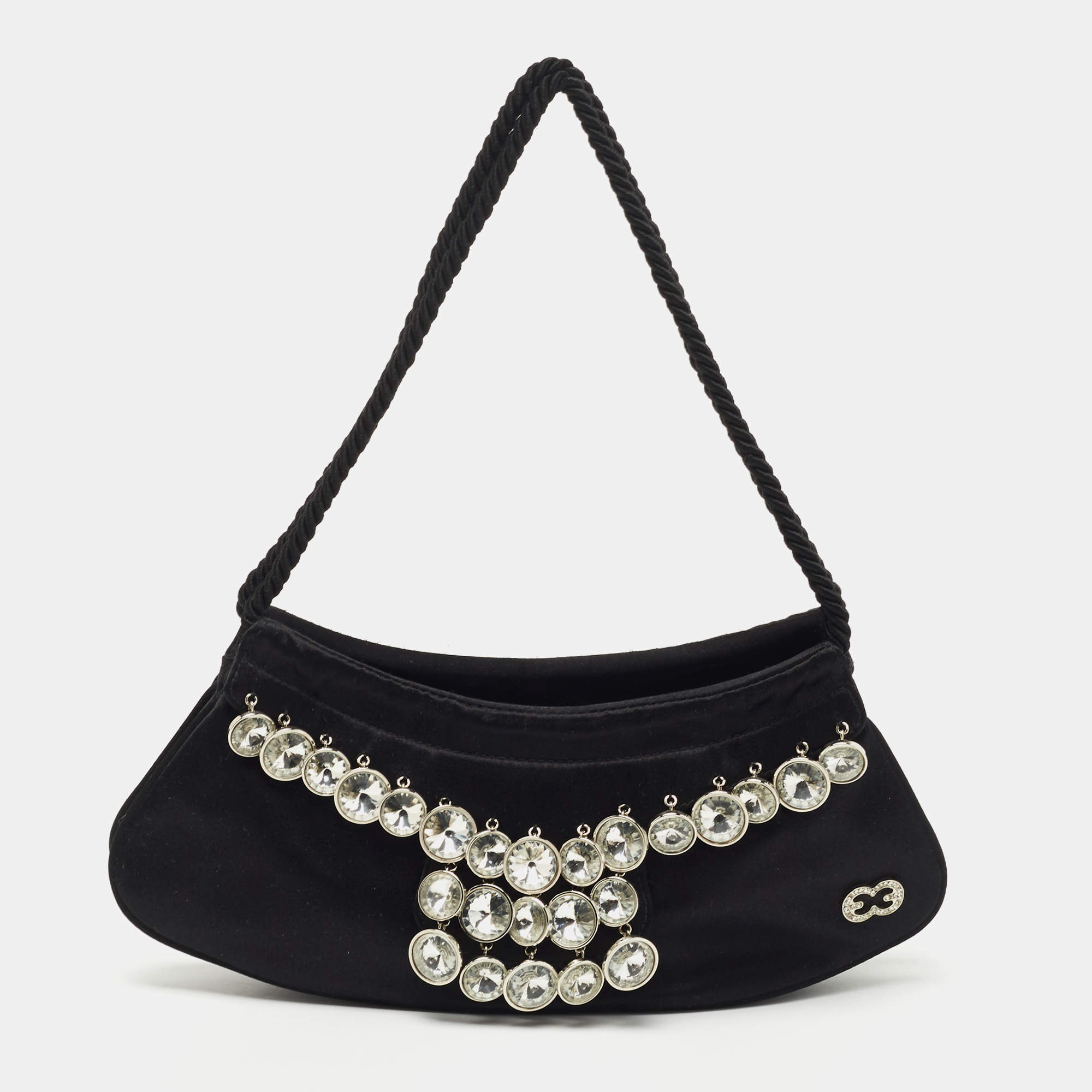 Escada Black Satin Crystals Embellished Clutch Bag