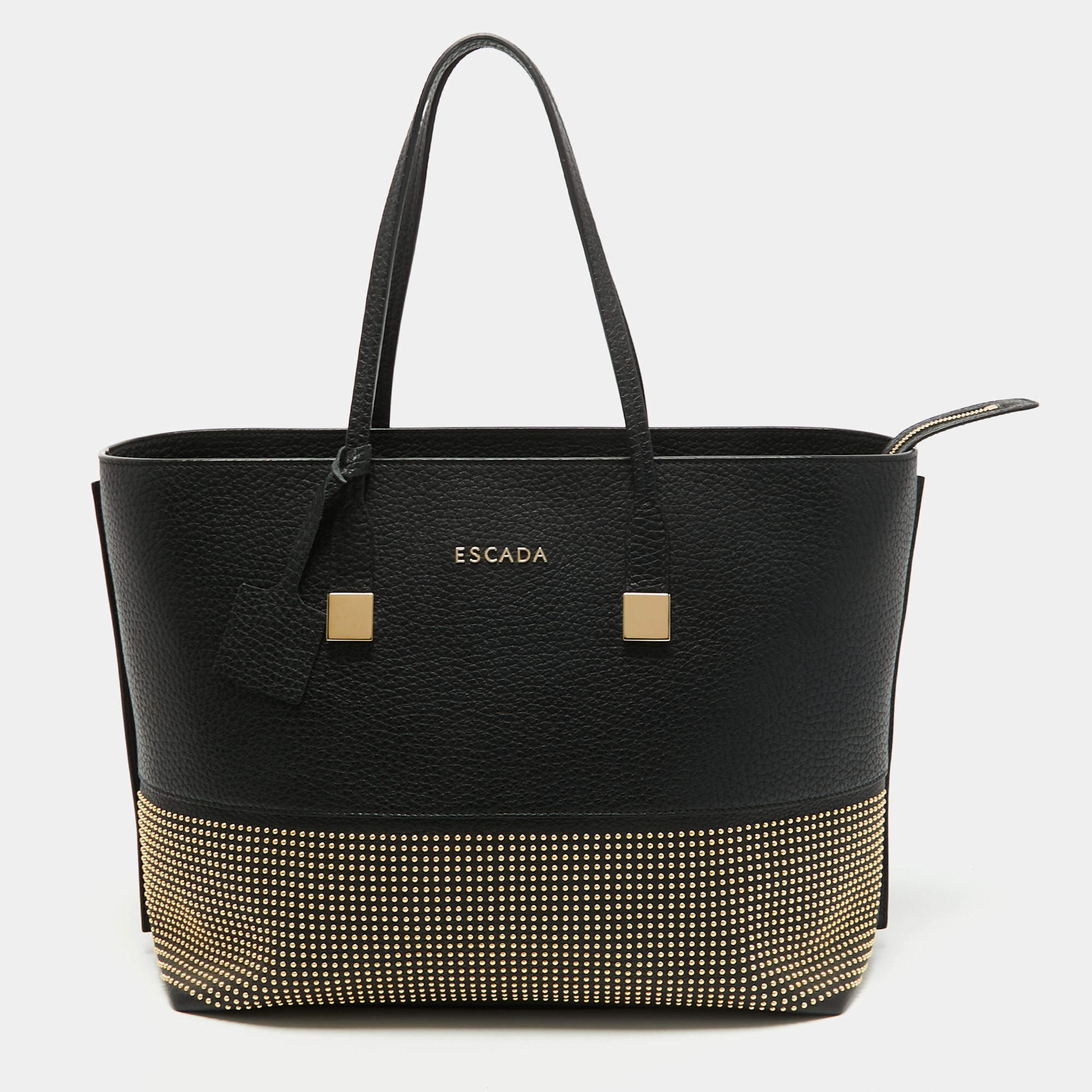 Pre Owned Escada Black Pebbled Leather Studded Zip Shopper Tote