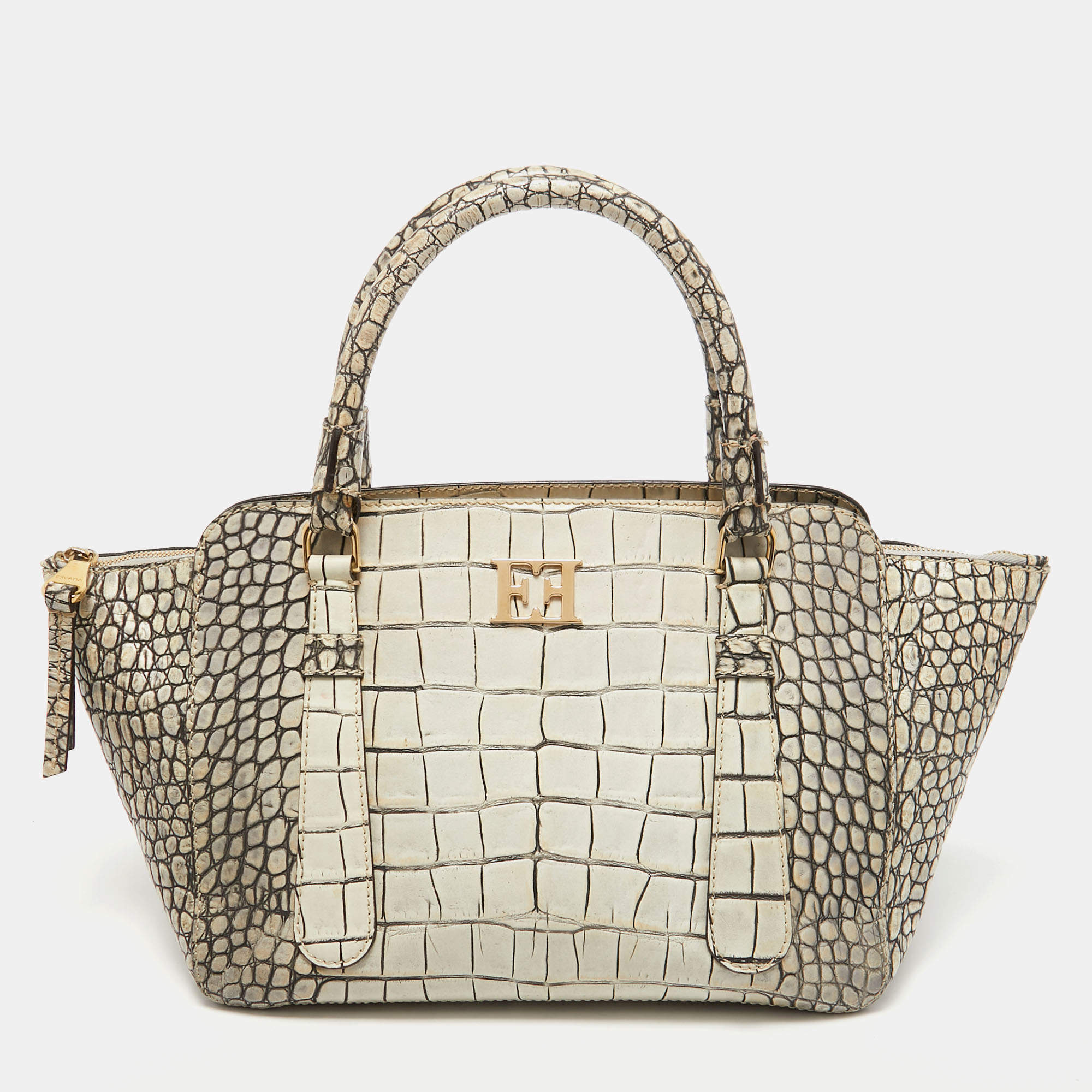 Pre Owned Escada White/Grey Croc Embossed Leather Zip Tote