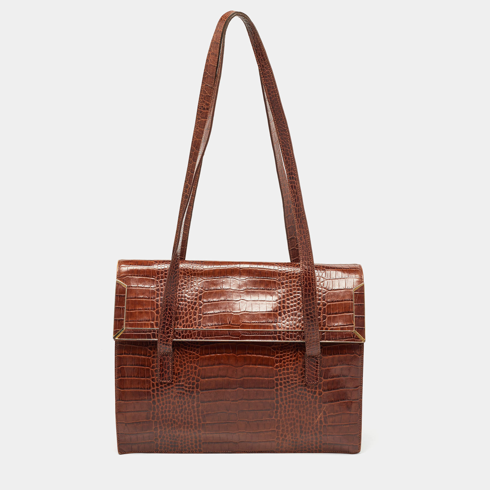 Escada Brown Croc Embossed Leather Tote