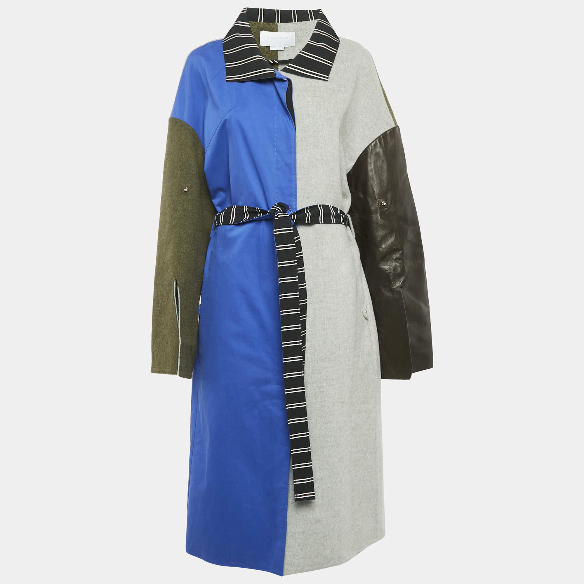 Esteban Cortazar Grey/Black Wool and Leather Belted Mid-Length Coat S