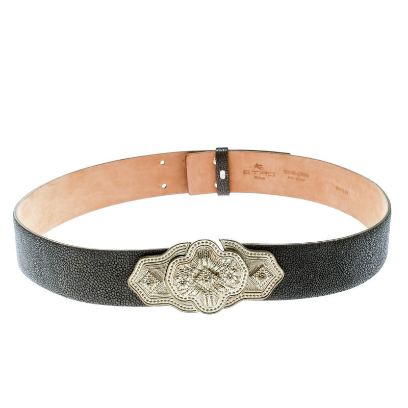 Pre Owned Etro Grey Stingray Leather Buckle Detail Belt Size 90 CM