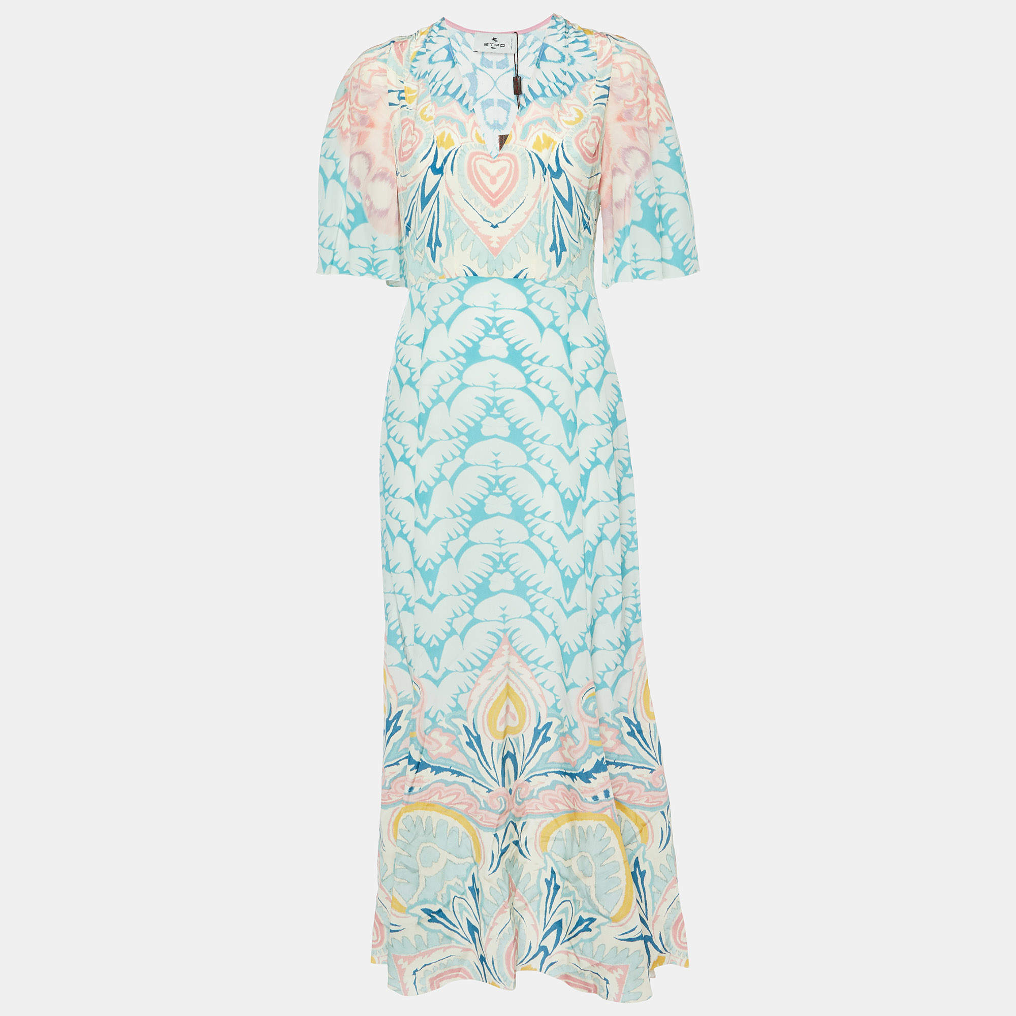 Etro Blue Printed Silk Crepe V-Neck Long Dress M