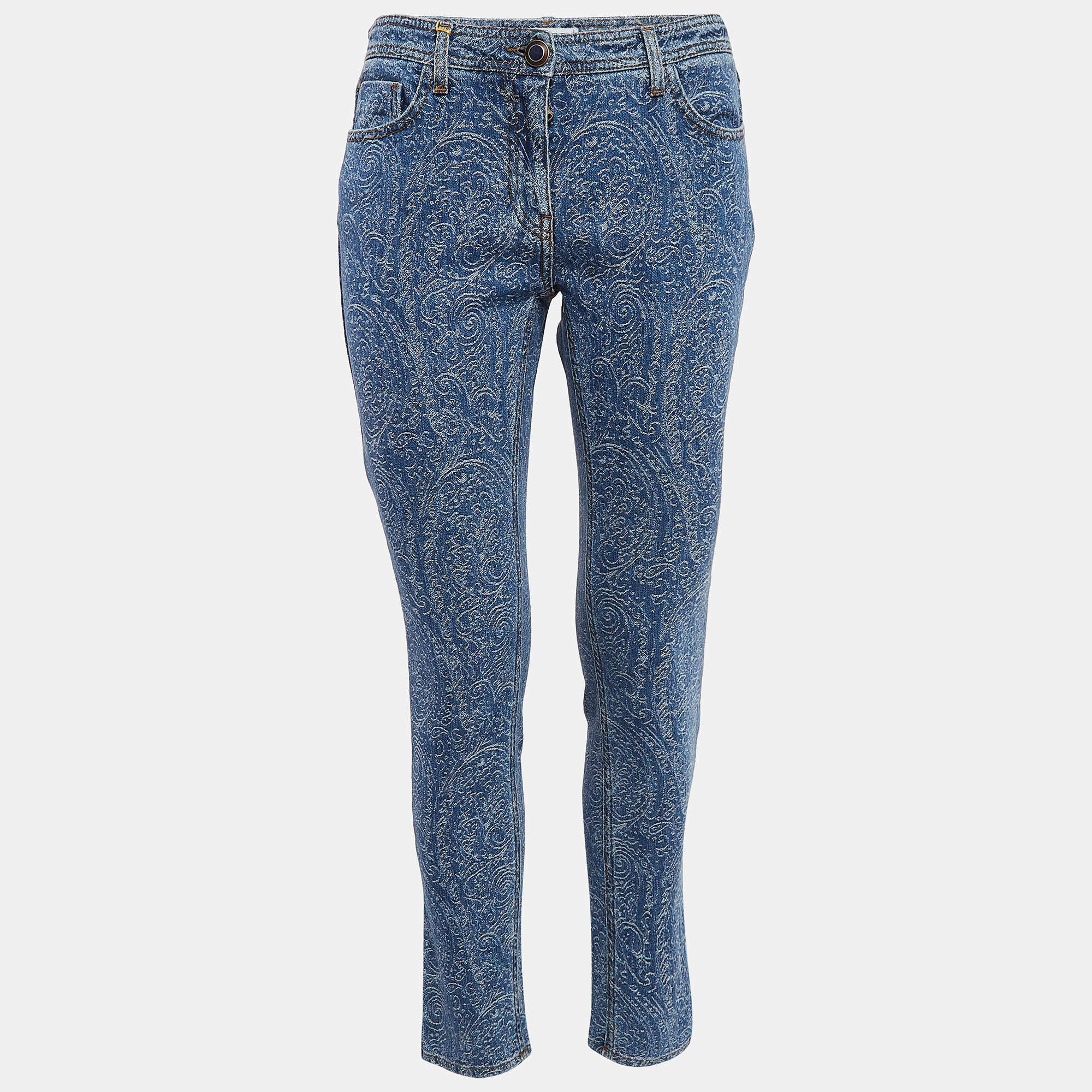 Pre Owned Etro Blue Paisley Pattern Denim Skinny Jeans L Waist 31"