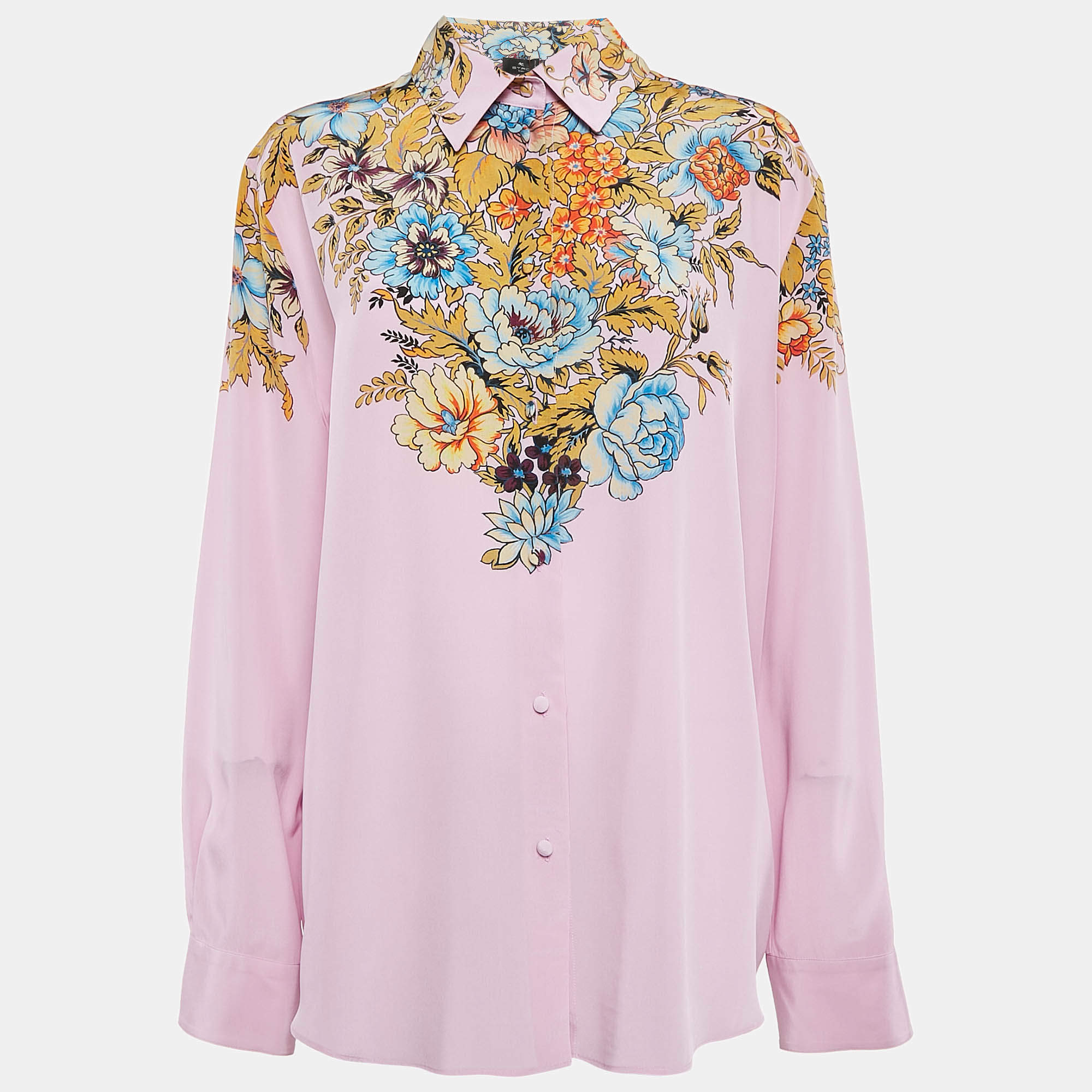 Etro Lilac Floral Print Silk Crepe Button Front Shirt XL