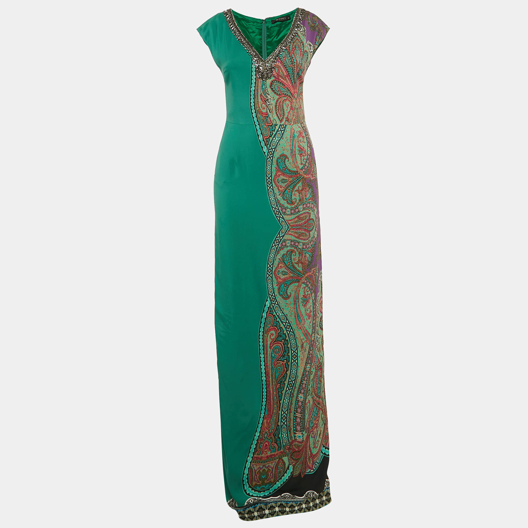 Pre Owned Etro Green Paisley Print Crepe Embellished Maxi Dress S