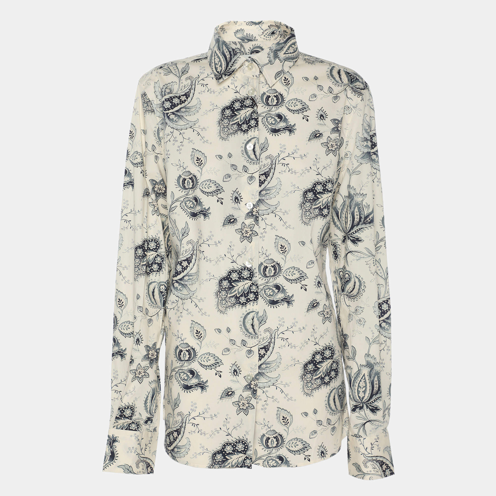 Etro Cream/Blue Paisley Print Cotton Blend Long Sleeve Shirt L