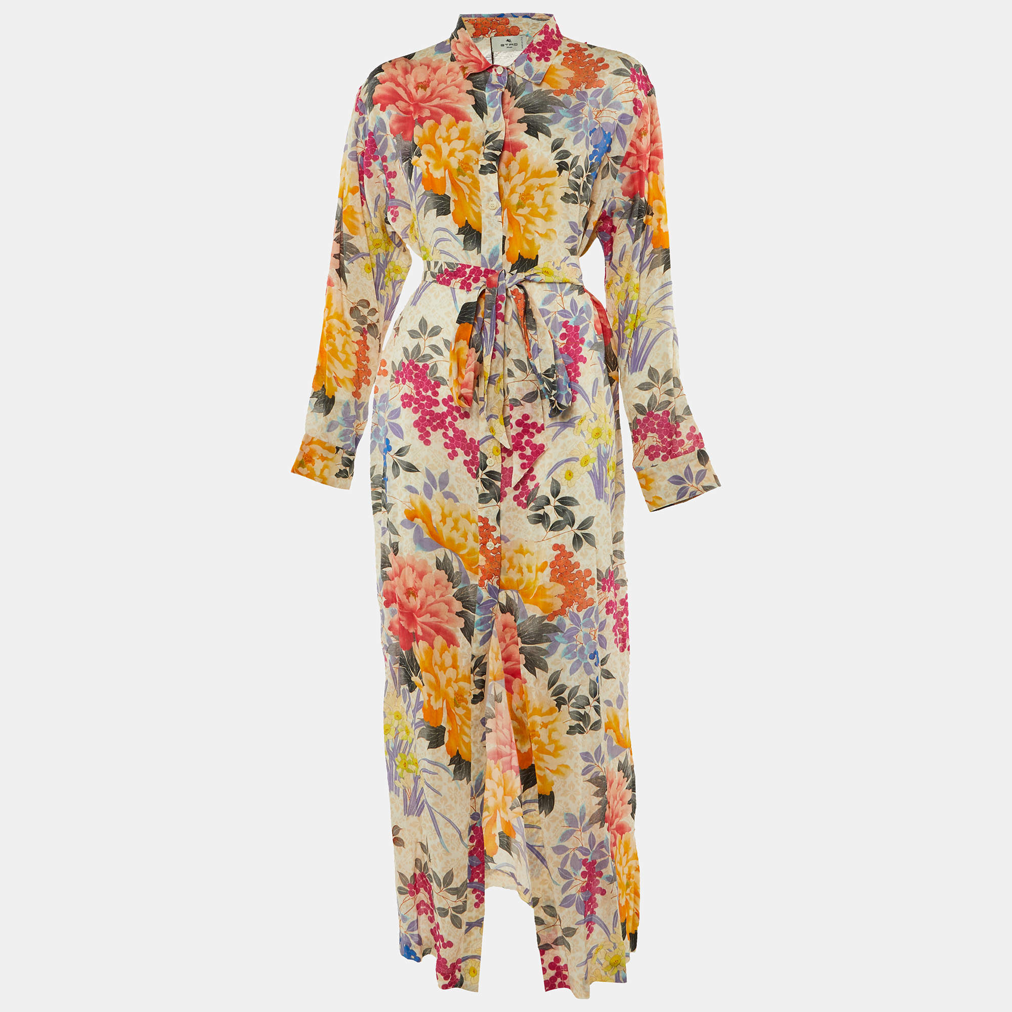 Pre Owned فستان طويل إيترو راميه مزين بحزام مطبوع متعدد الألوان مقاس كبير (لارج)