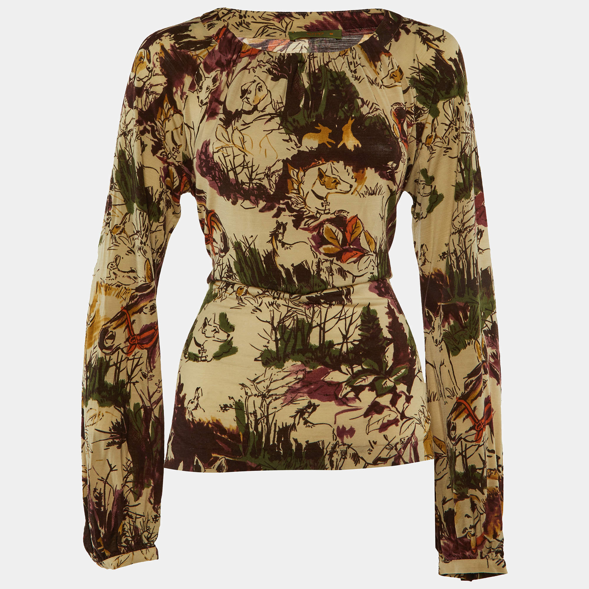 Pre Owned Etro Beige Printed Wool Blend Long leeve Top L