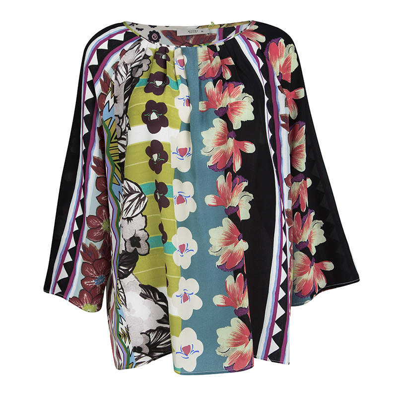 Etro Multicolor Floral Printed Silk Pleat Detail Long Sleeve Top L