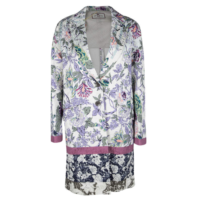 Pre Owned Etro Multicolor Floral Printed Textured Cotton Blend Overcoat M