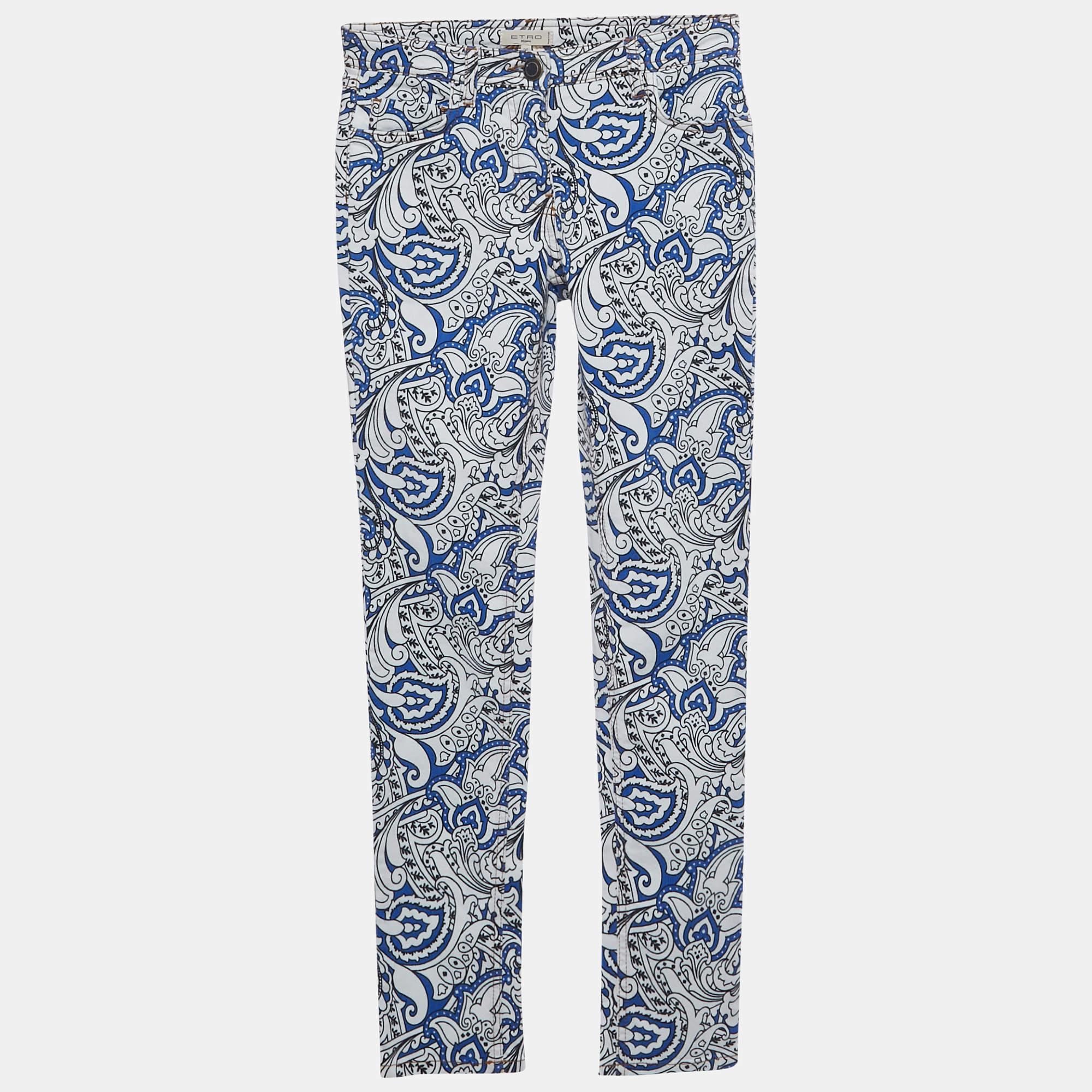 مملوكة مسبقًا Etro Blue Paisley Print Denim Skinny Jeans S Waist 26" 