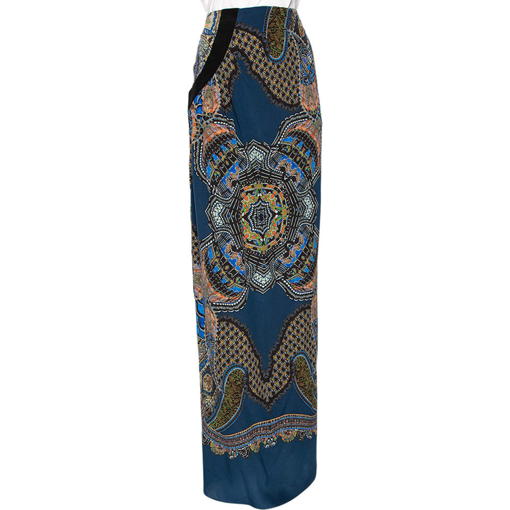 Pre Owned Etro Blue Abstract Print Silk Maxi Skirt M