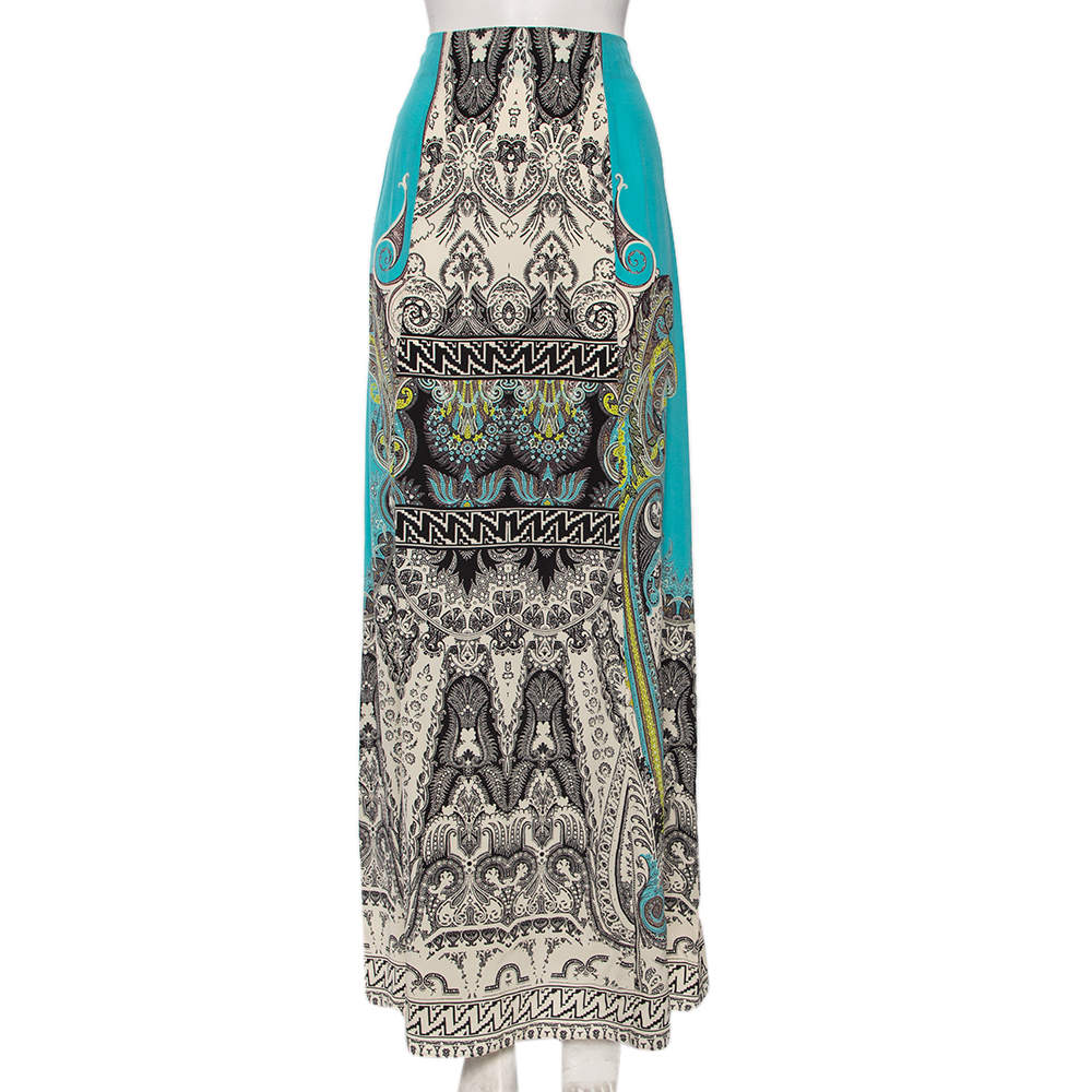 Pre Owned Etro Blue Paisley Printed Silk Crepe De Chine Maxi Skirt S