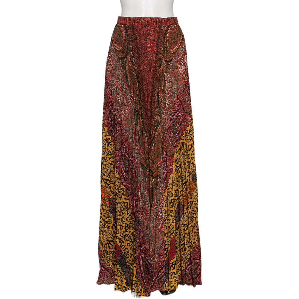 Etro Multicolored Paisley Printed Crepe Pleated Maxi Skirt S