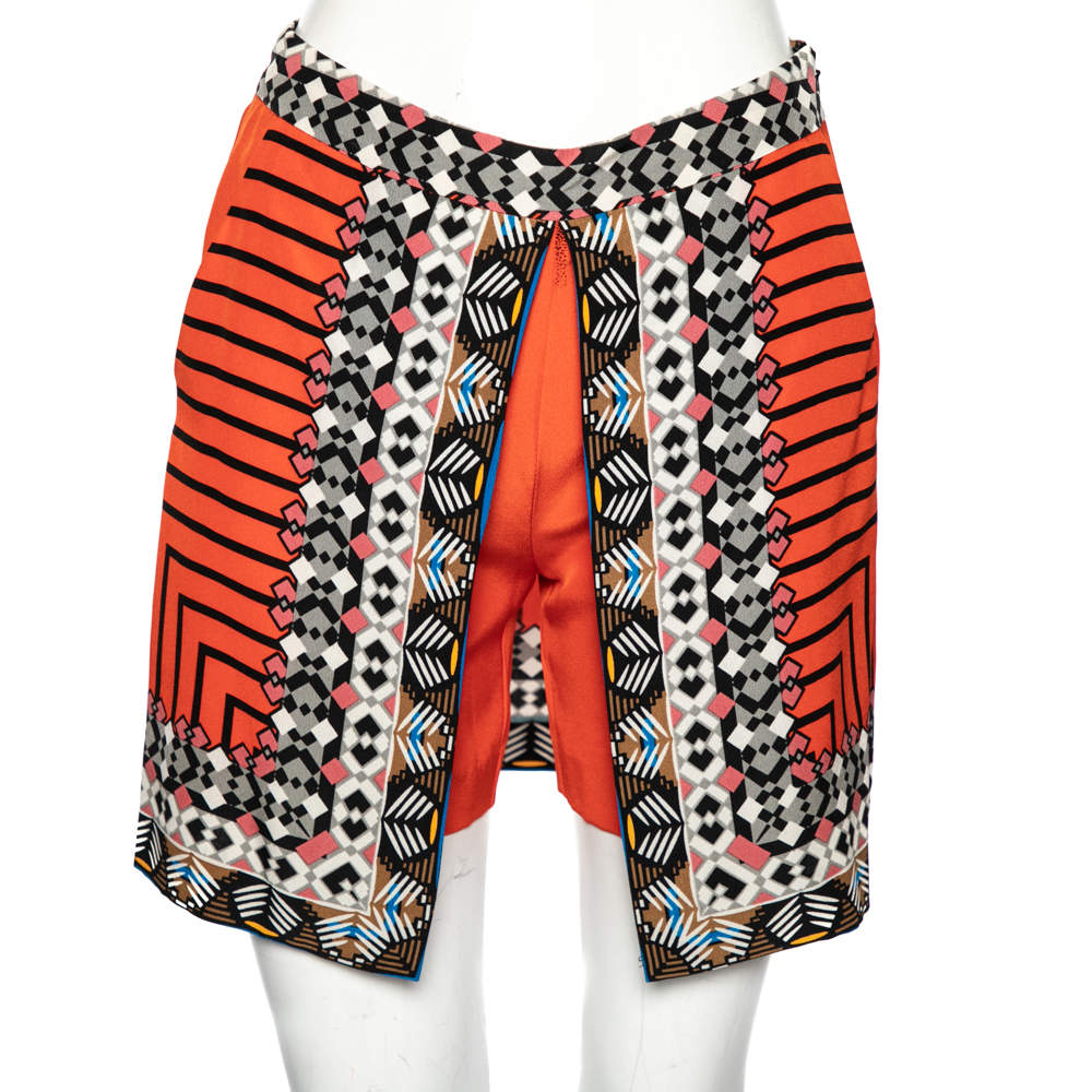 Pre Owned Etro Scarlet Orange Silk Crepe Tribal Print Mini Skirt S