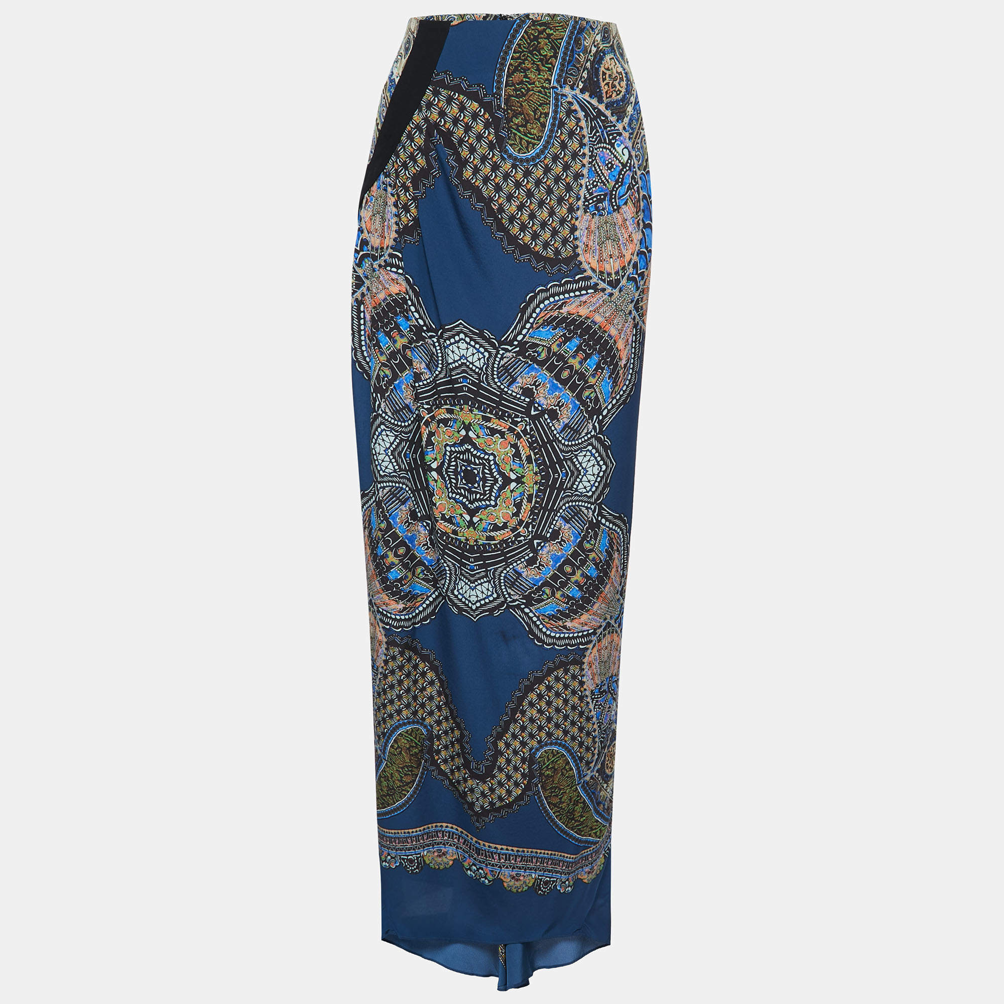 Pre Owned Etro Blue/Multicolor Printed Silk Maxi Skirt M