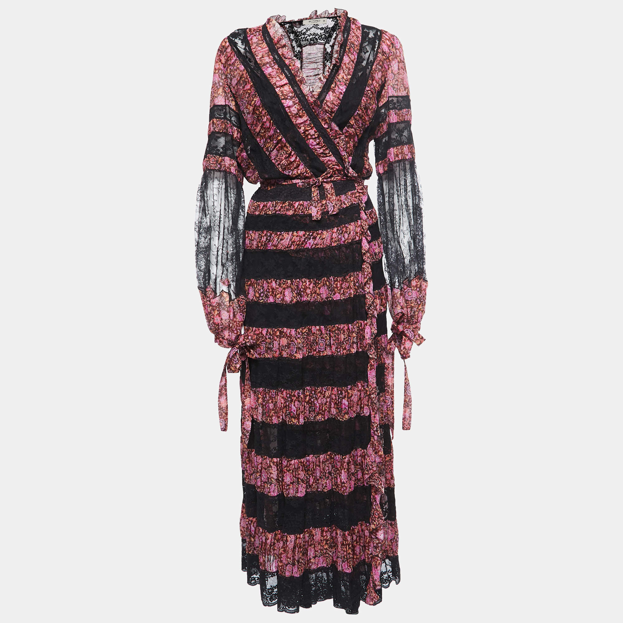 Pre Owned Etro Black Floral Printed Cotton and Lace Wrap Maxi Dress L
