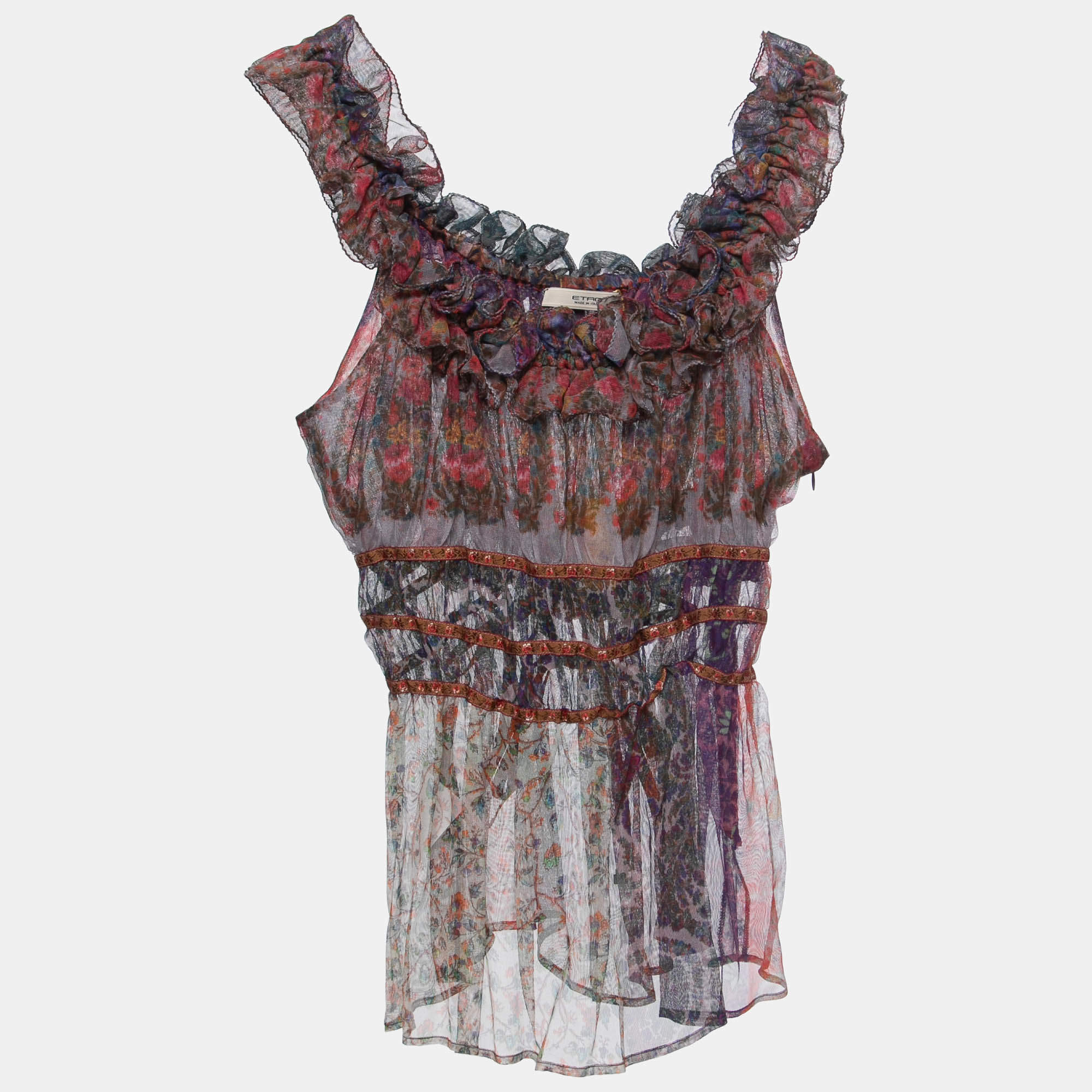 Pre Owned Etro Multicolor Floral Printed Mesh Ruffled String Detail Top L