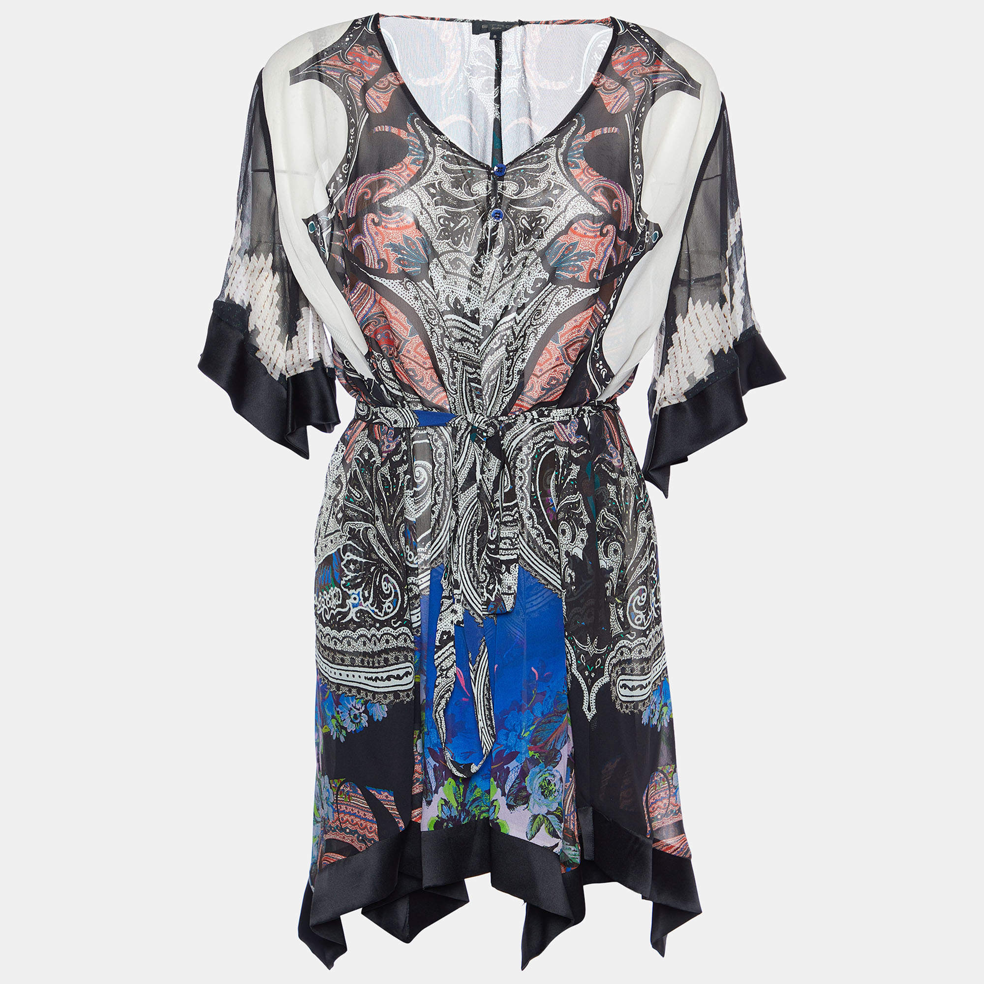 Etro Multicolor Printed Silk & Satin Trim Belted Tunic S