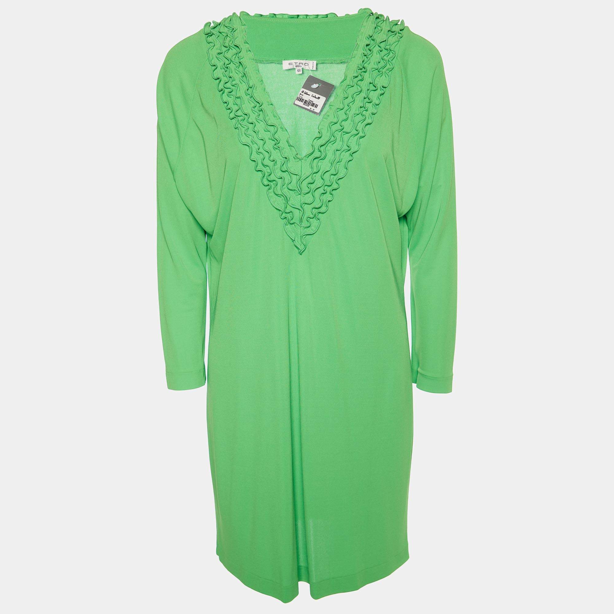 Pre Owned Etro Green jersey Frill Neck Detail Mini Dress L