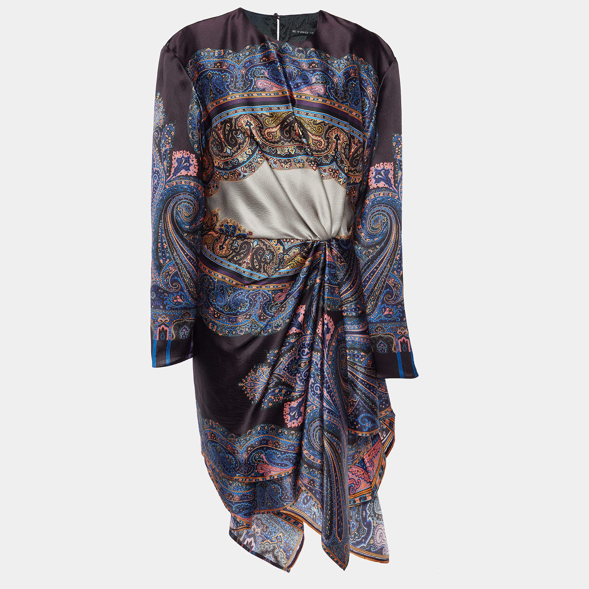 Pre Owned Etro Multicolor Printed Silk Draped Asymmetric Hem Dress L 
