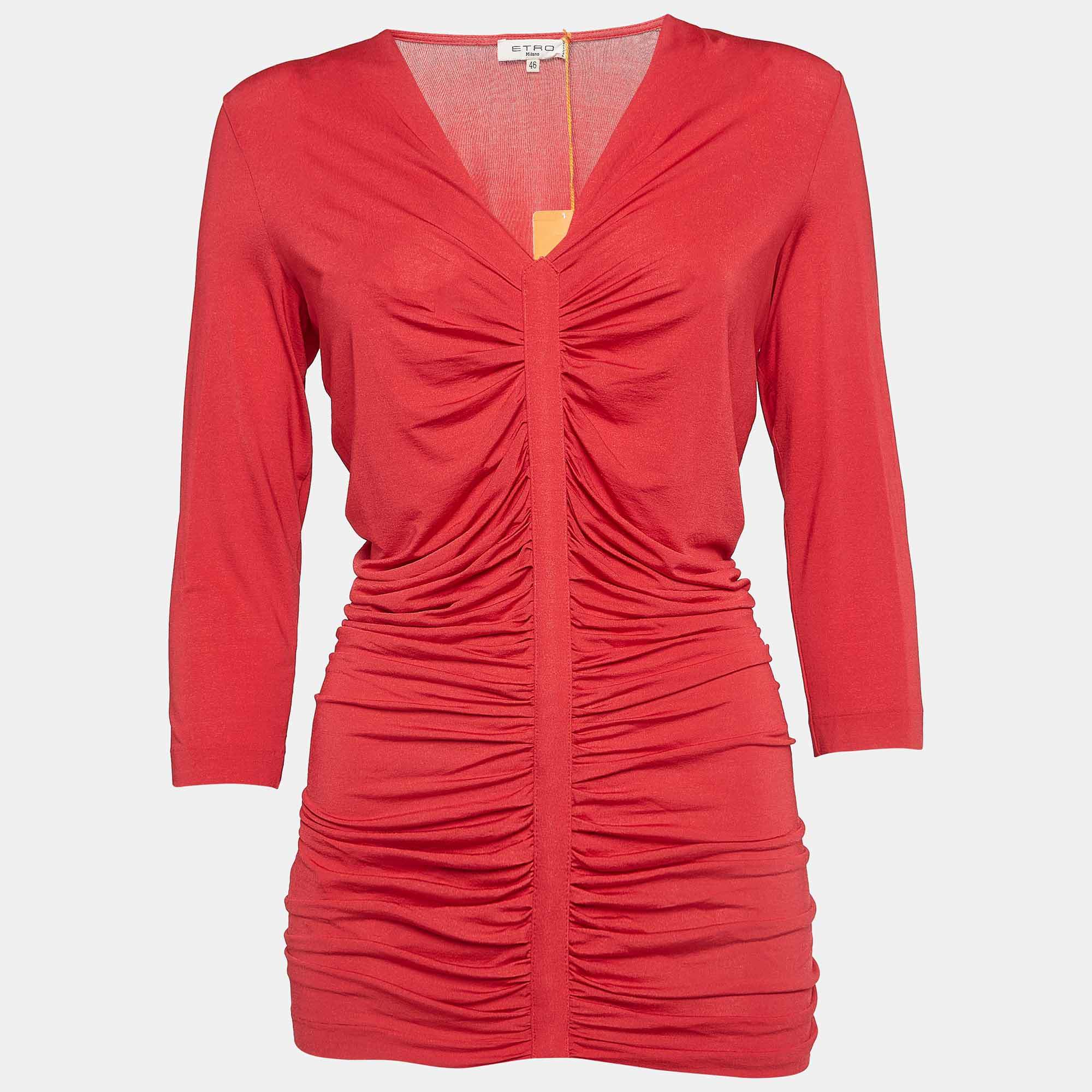 Etro Red Jersey Ruched Long Sleeve Top L