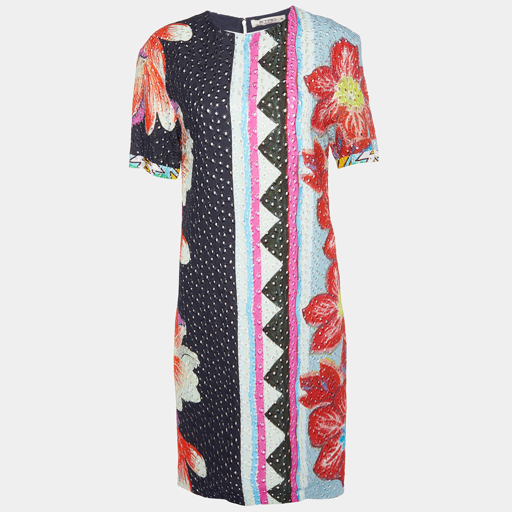 Etro Multicolor Floral Print Embroidered Crepe Shift Dress S