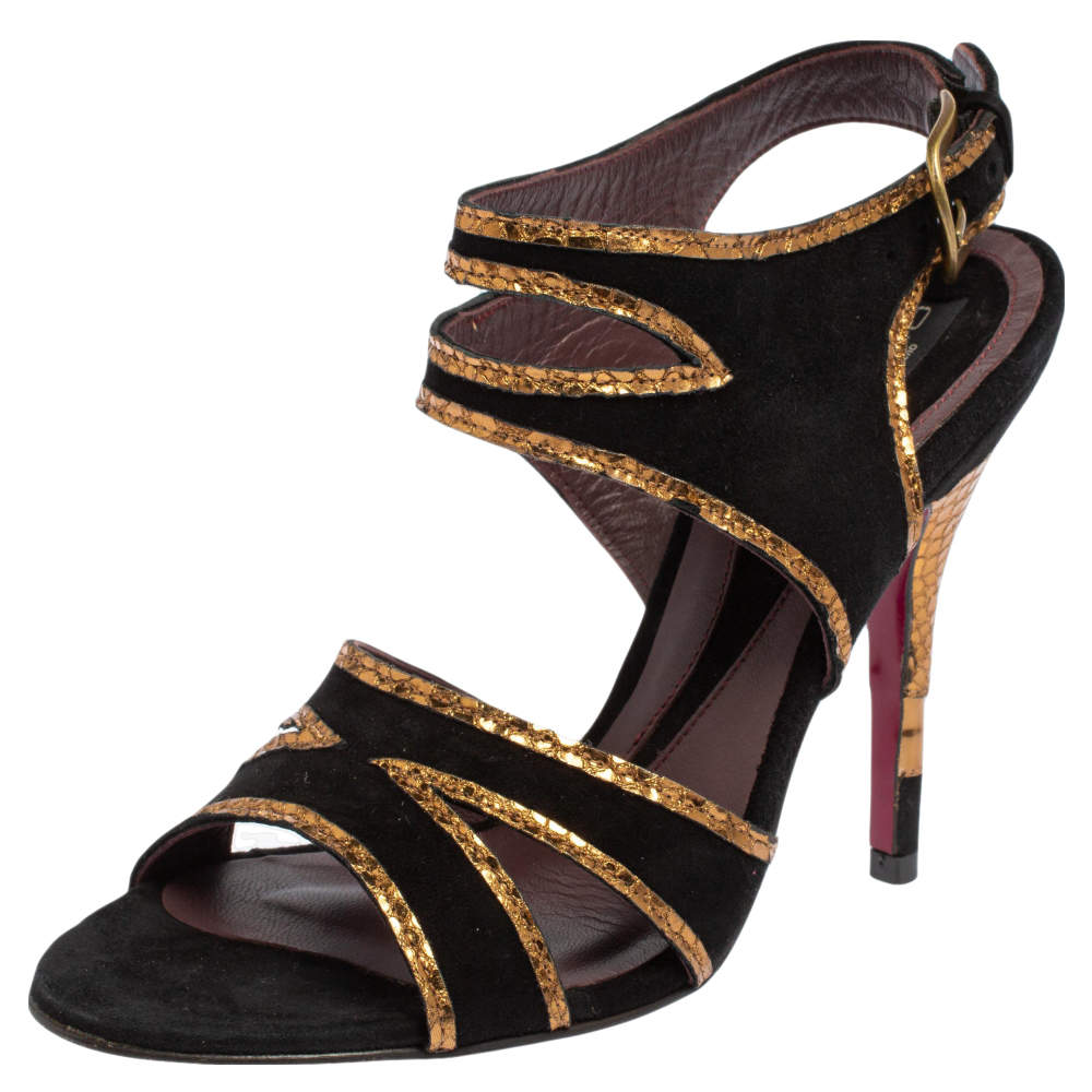 Etro Black/Gold Suede And Python Embossed Trim Ankle Strap Sandals Size 37.5