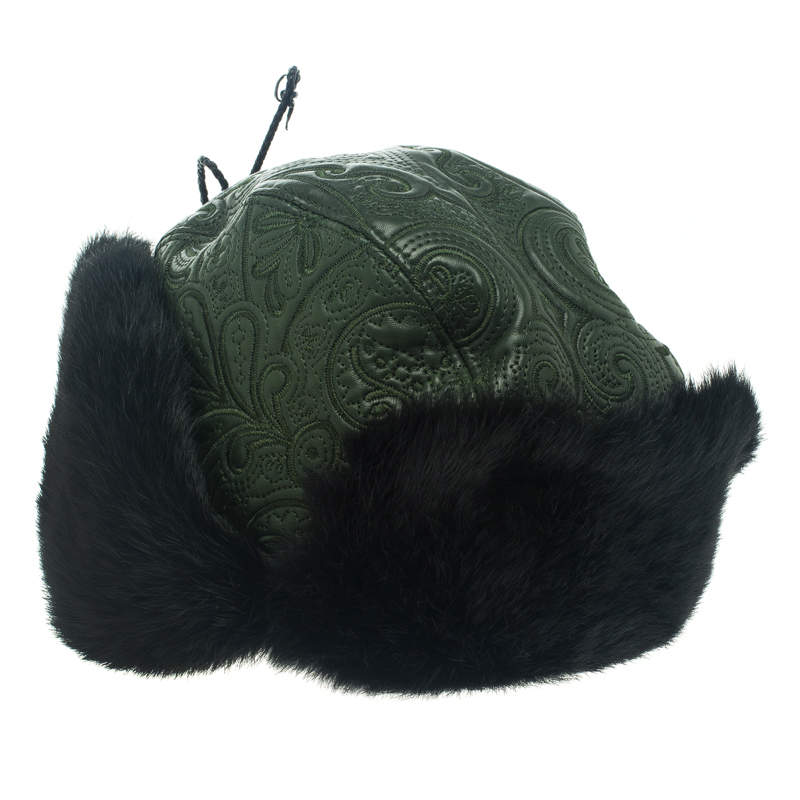 Pre Owned Etro Dark Green Leather and Rabbit Fur Aviator Hat M