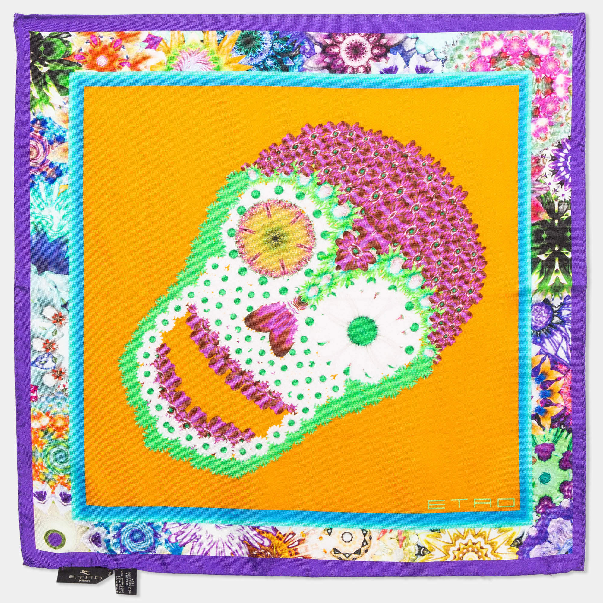 Pre Owned Etro Orange Printed Silk Square Scarf