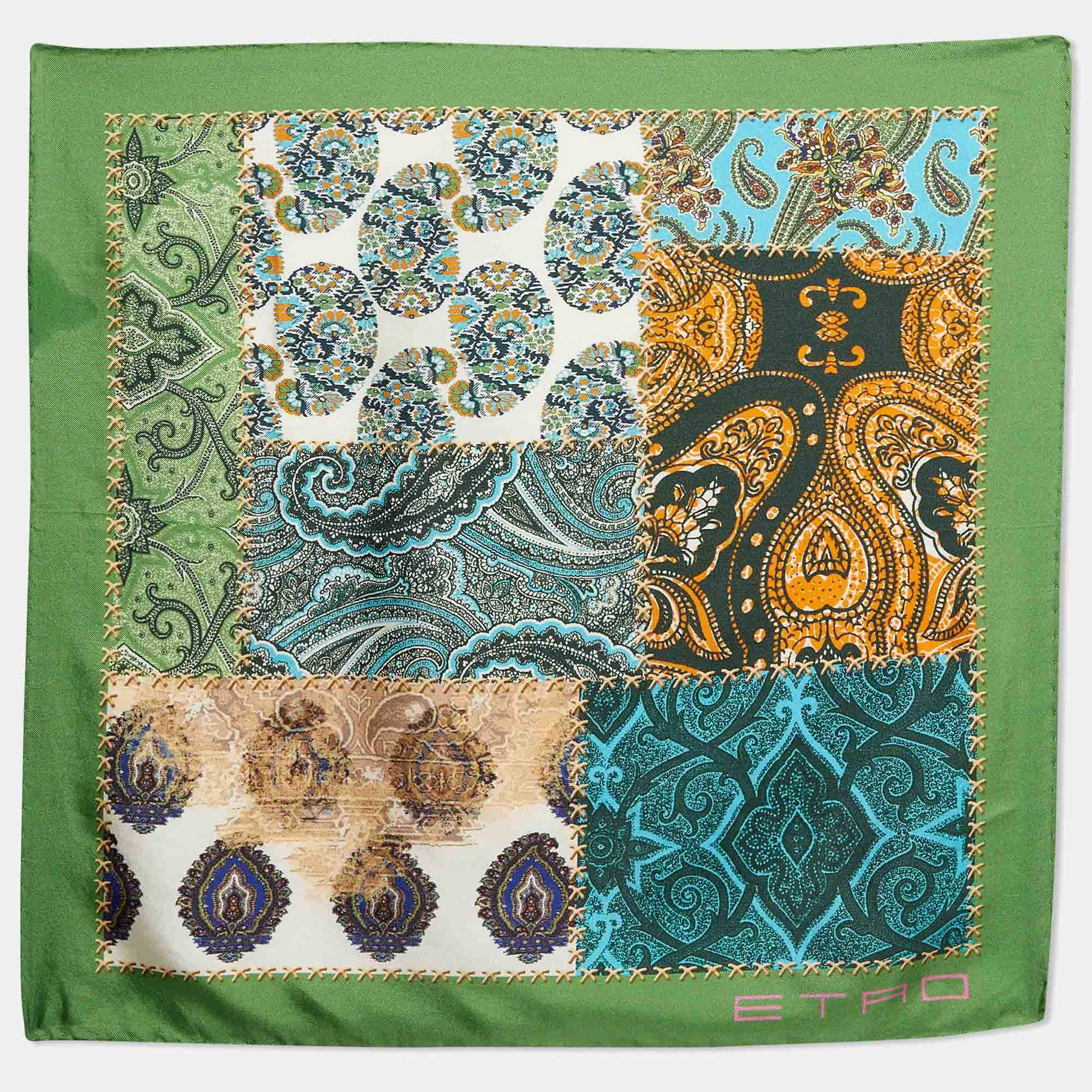 Pre Owned Etro Green Paisley Print Silk Handkerchief Scarf