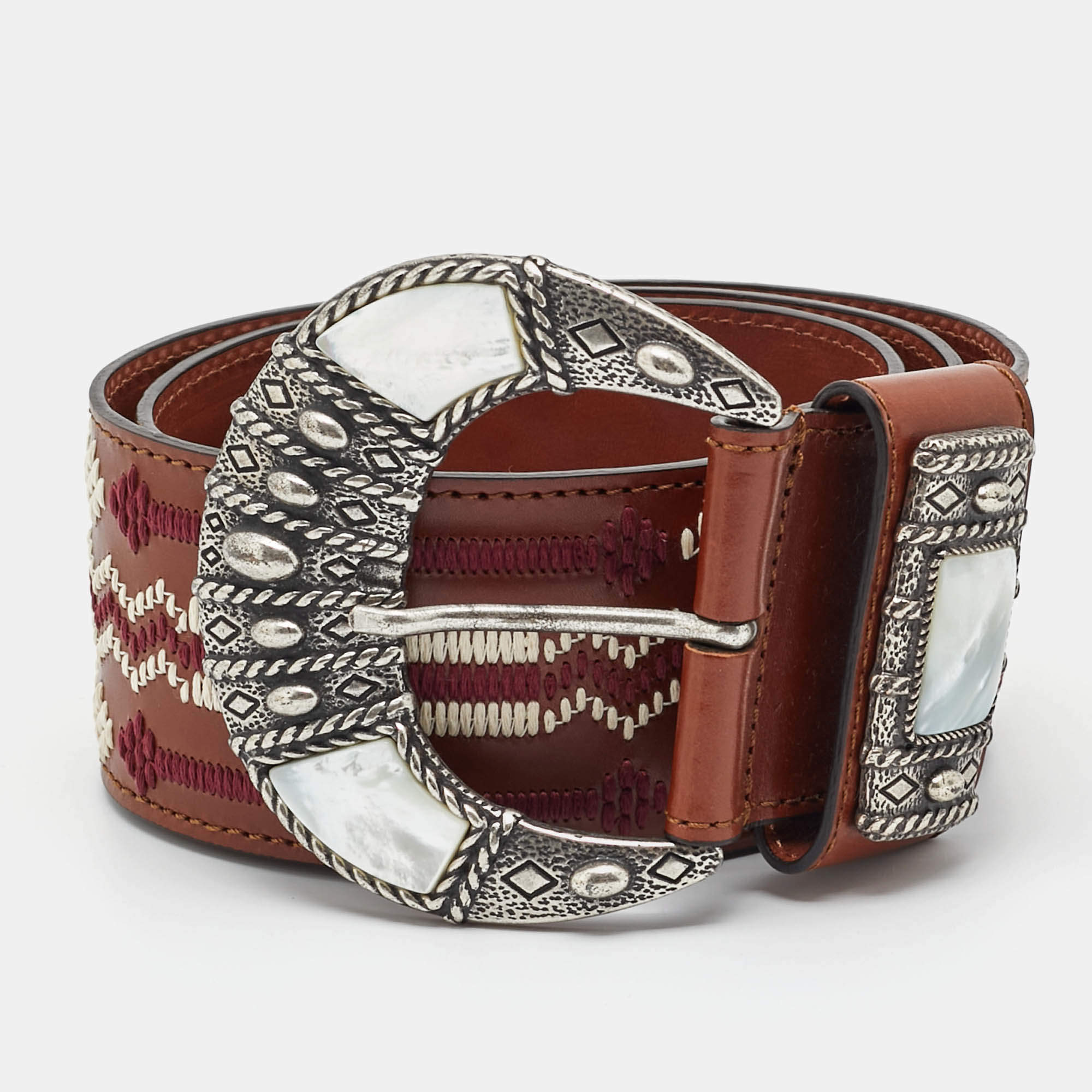 Pre Owned Etro Brown Embroidered Leather Mother of Pearl Buckle Waist Belt M
