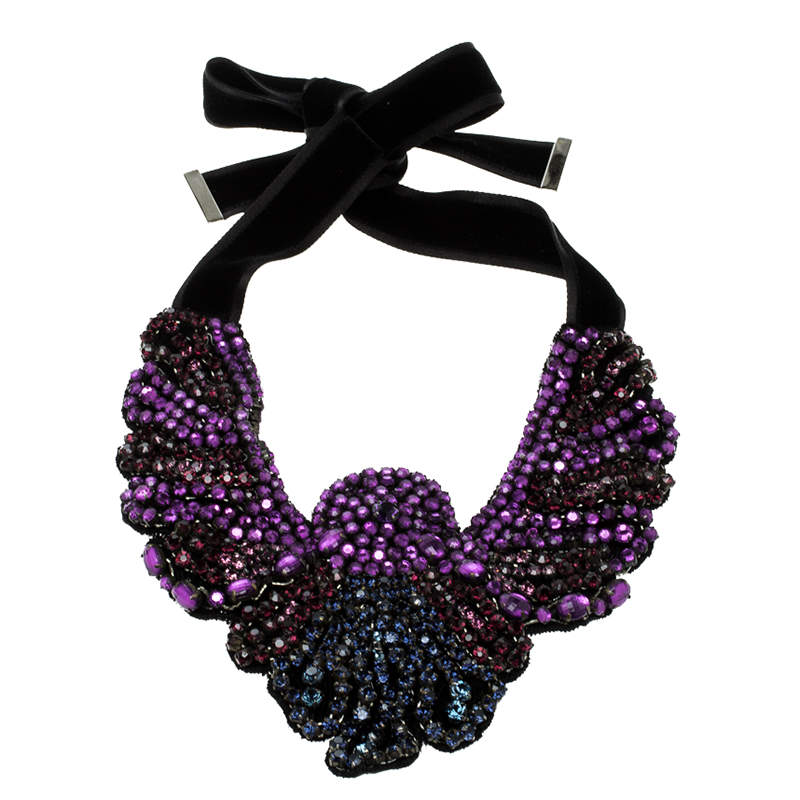 مملوكة مسبقًا Etro Crystal Studded Bib Black Fabric Necklace