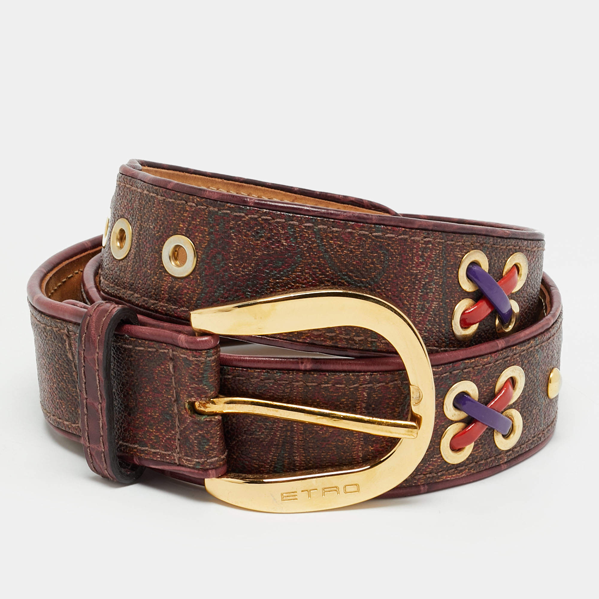 Pre Owned Etro Studded 90CM Buckle Belt Brown Paisley Print Coated Canvas