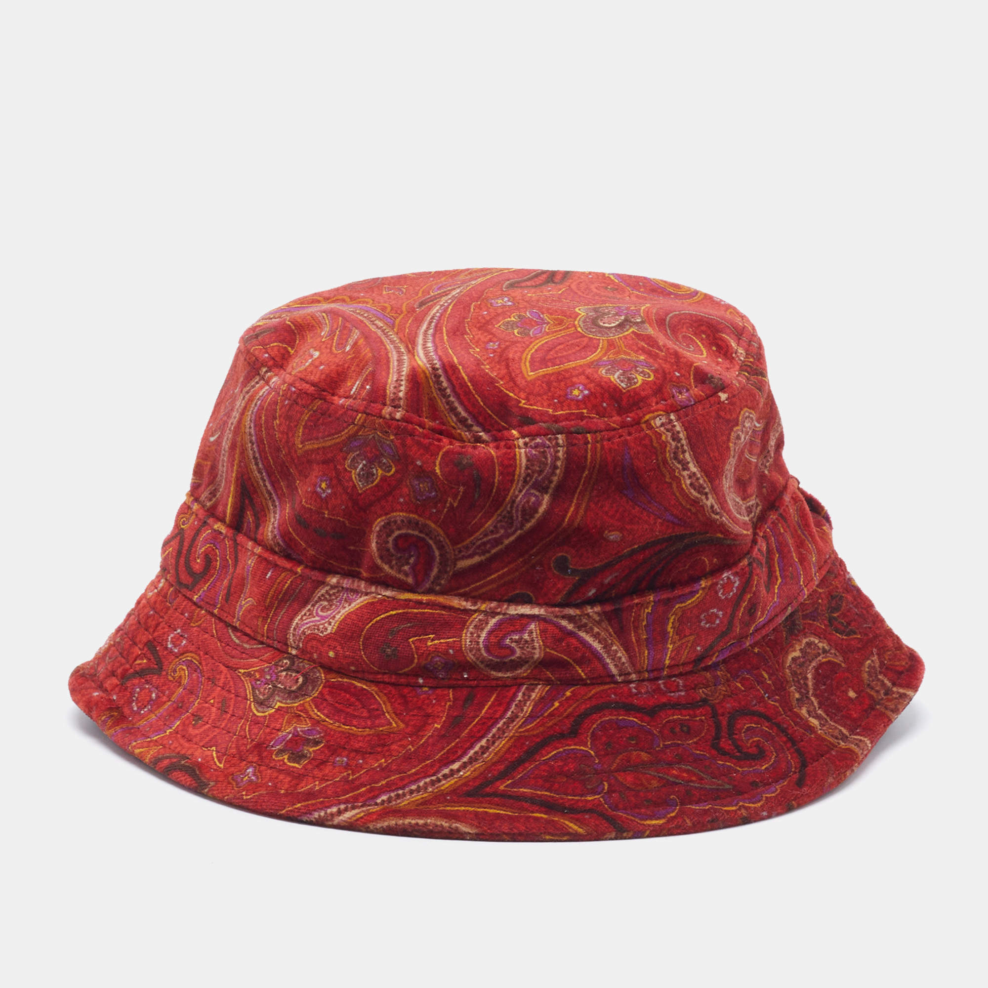 مملوكة مسبقًا Etro Red Paisley Print Velour Bucket Hat M