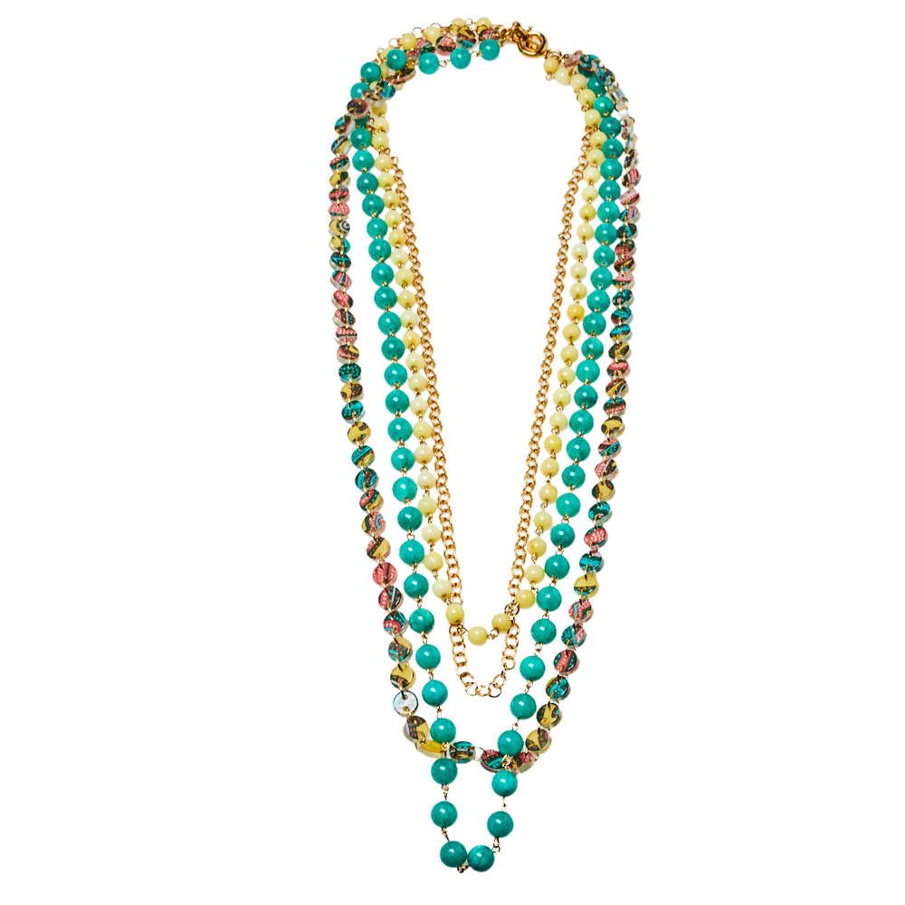 Pre Owned Etro Multicolor Multistrand Beads Gold Tone Necklace