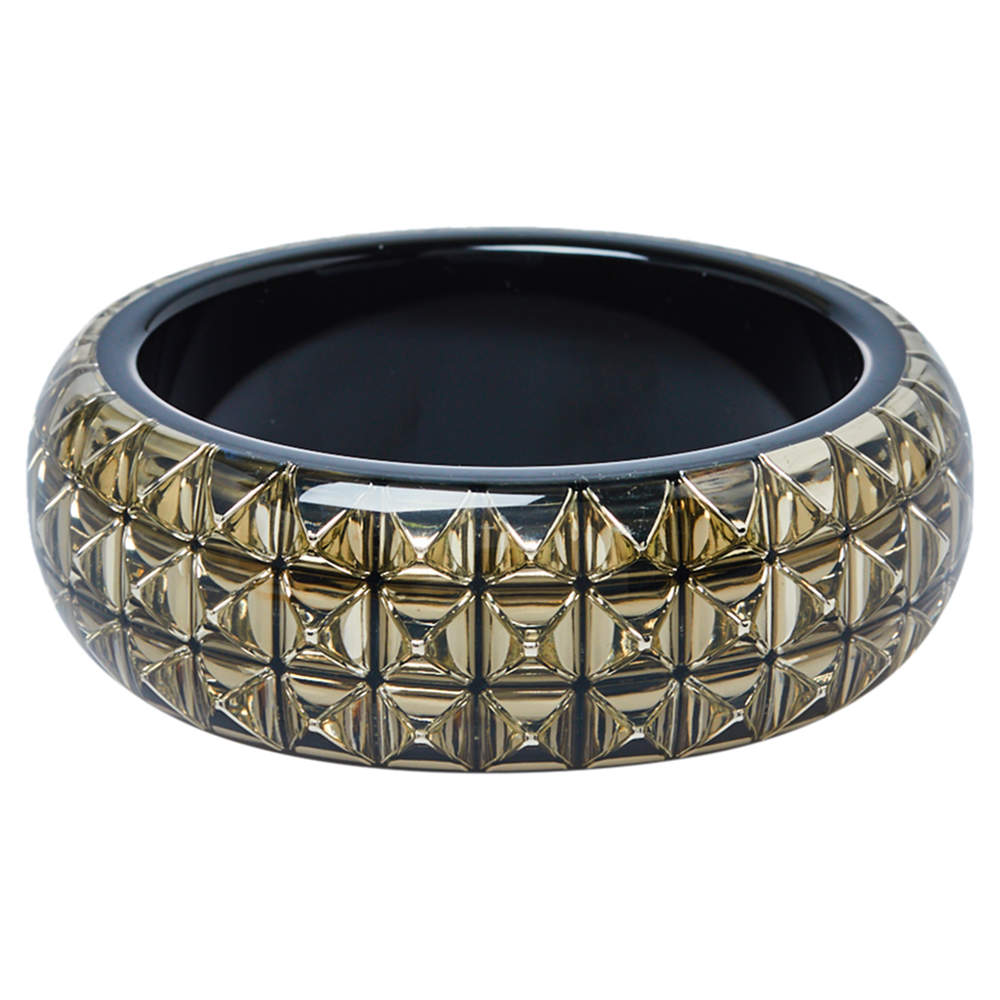 Pre Owned Etro Black & Clear Resin Stud Inlay Wide Bangle Bracelet 