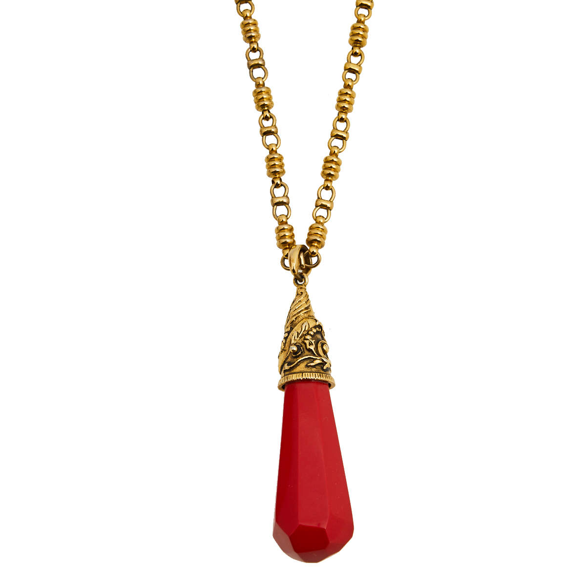 Pre Owned Etro Red Composite Gold Tone Metal Pendant Necklace