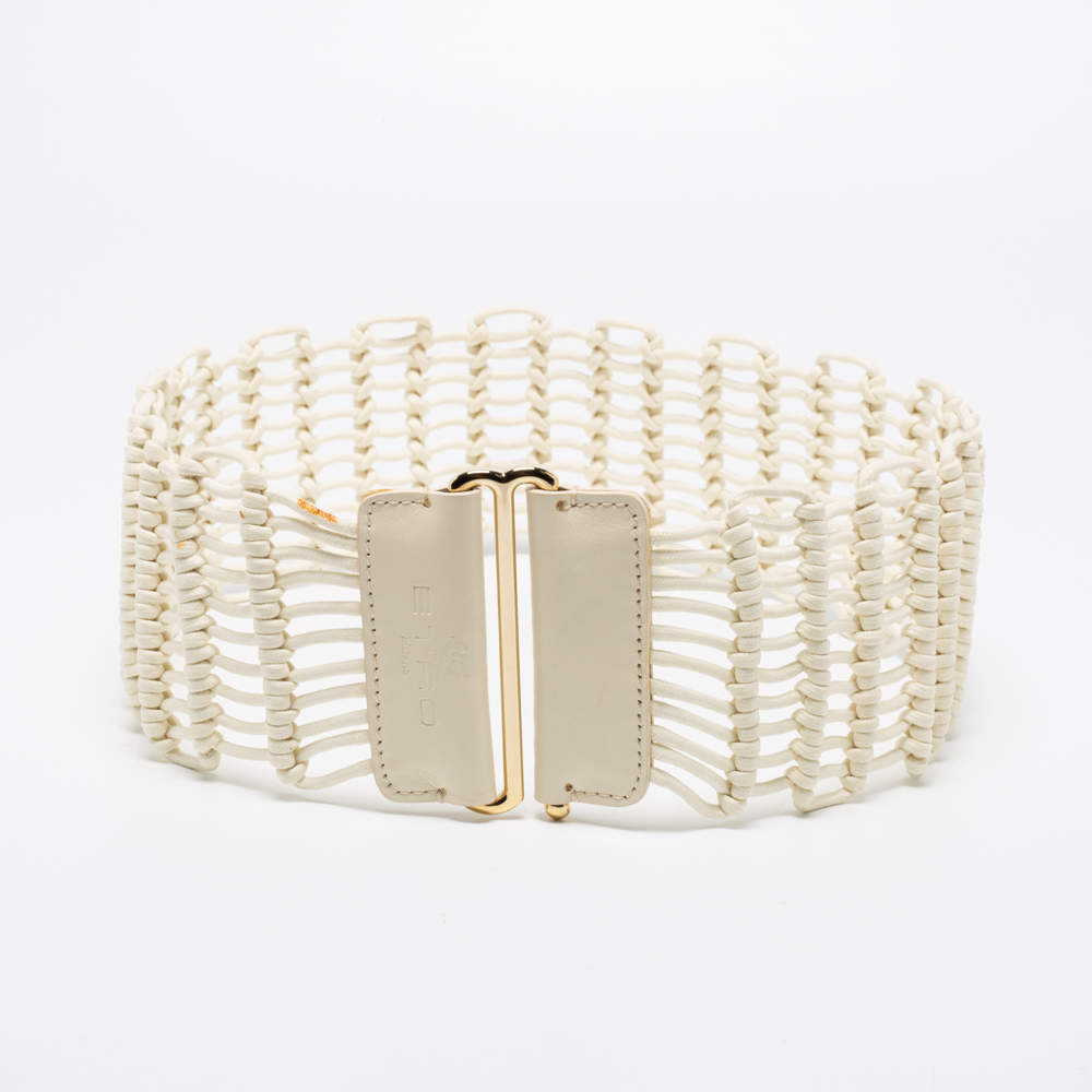 Pre Owned Etro White Leather And Woven Rope Waist Belt 90CM