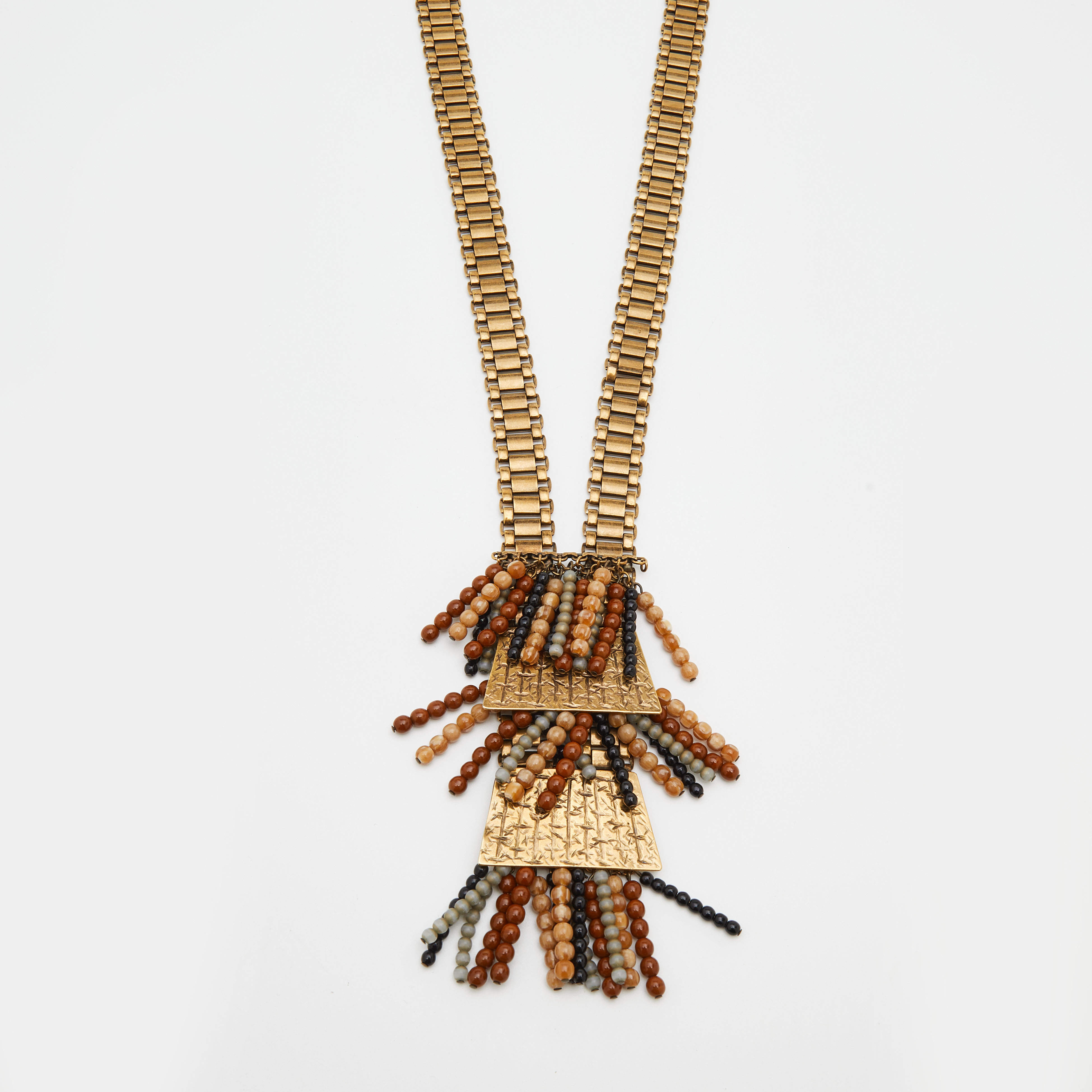 Pre Owned Etro Aged Gold Tone Bead Fringed Long Necklace