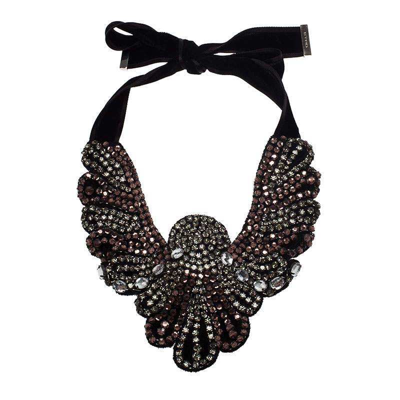 Pre Owned Etro Crystal Studded Bib Black Fabric Necklace