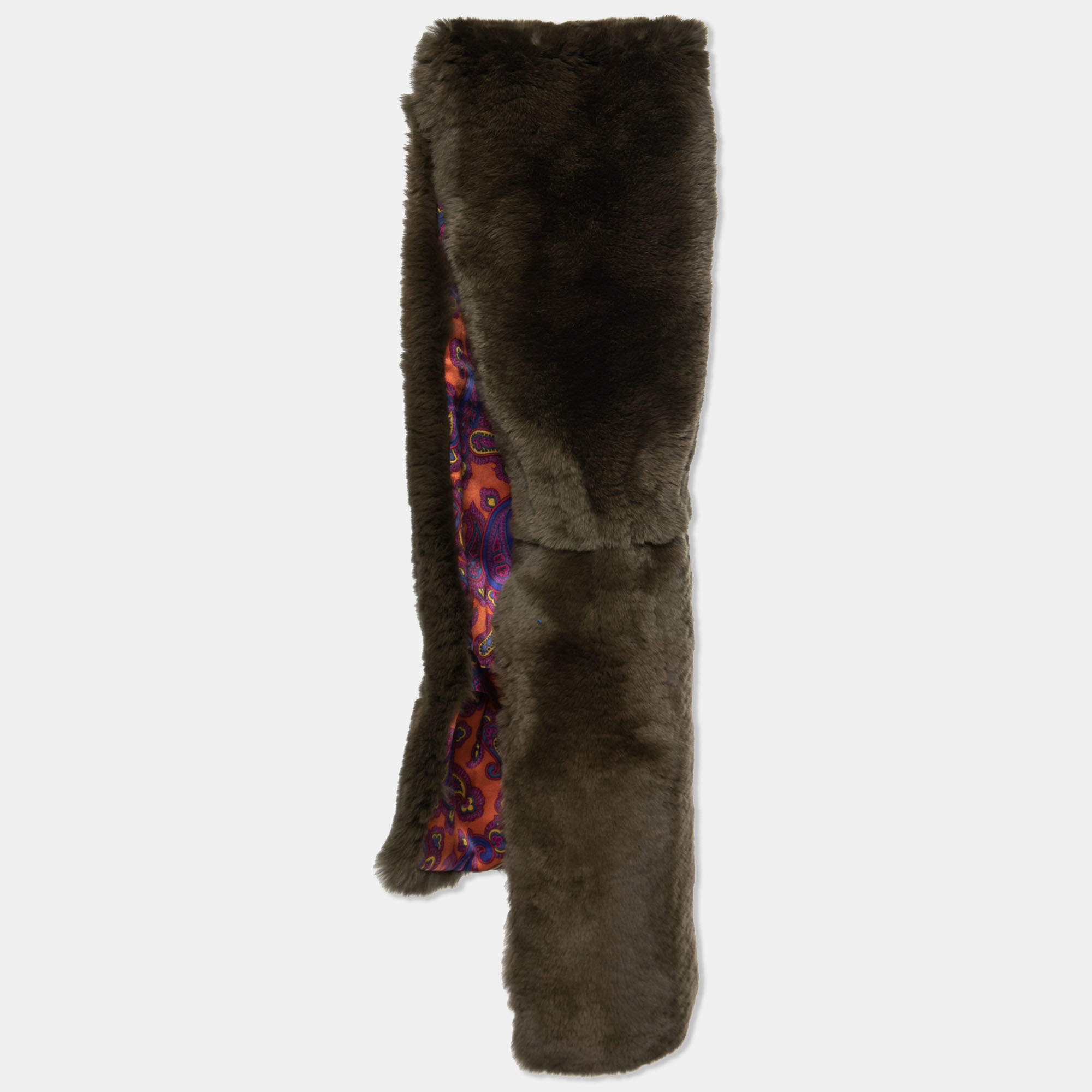 Etro Olive Green Rabbit Fur & Paisley Printed Silk Stole