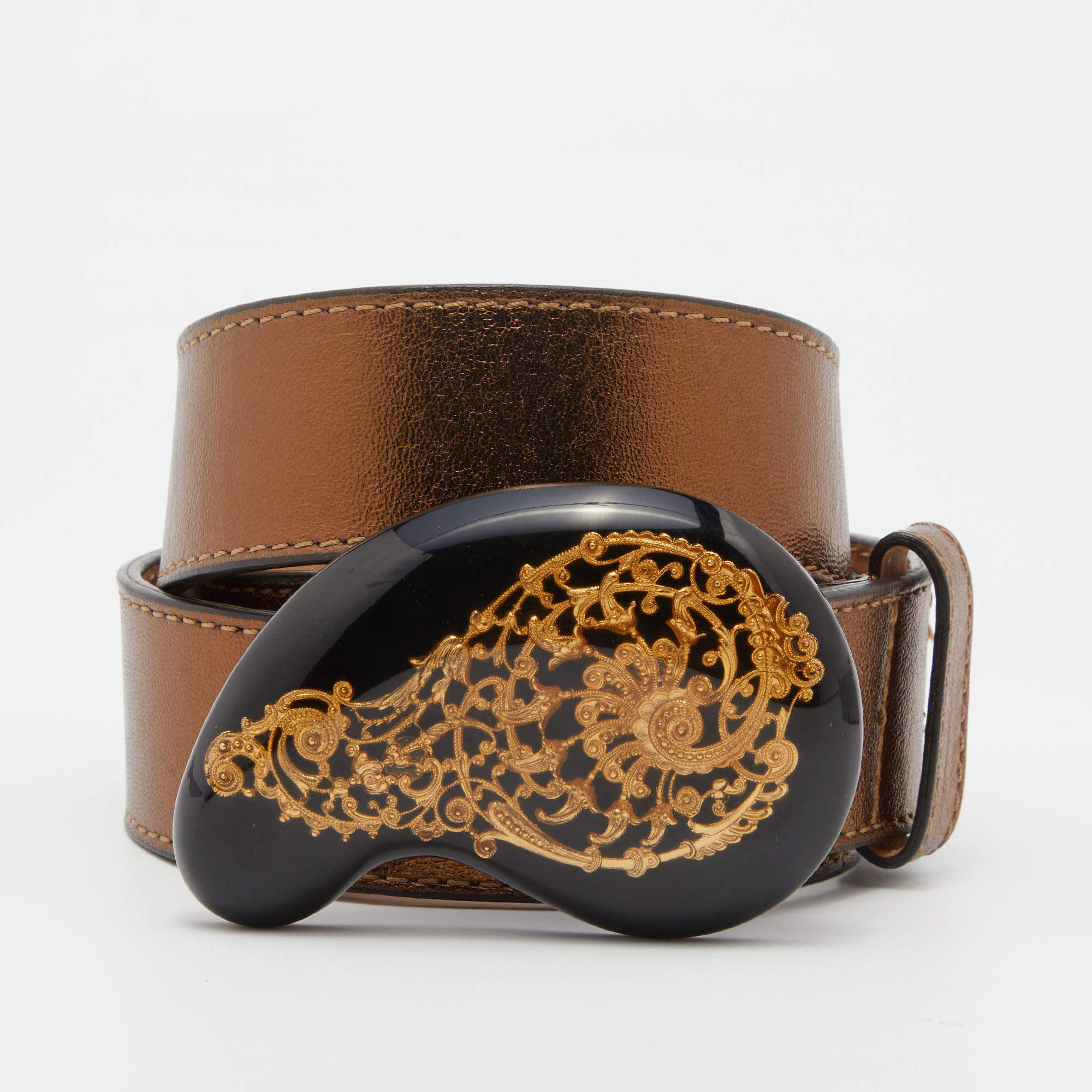 Pre Owned Etro Metallic Brown Leather Buckle Belt 90 CM