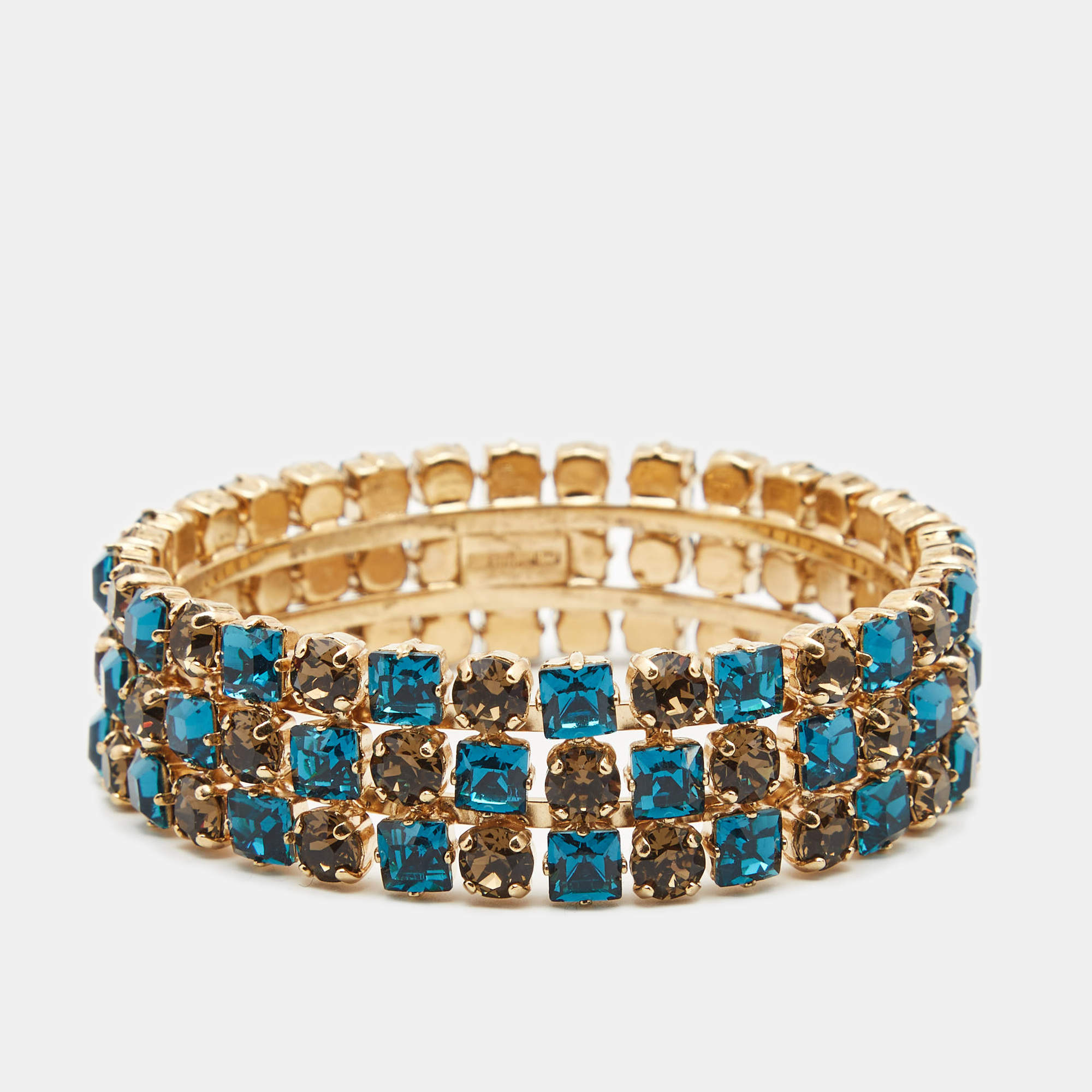 Pre Owned Etro Bi-color Crystal Gold Tone Wide Bangle Bracelet